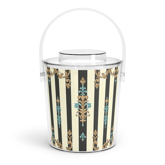 Elegant Decorative Ice Bucket with Tongs, Party Essential, Wedding Gift, Home Bar, Vintage Style - Black Striped Turquoise & Black Rococo