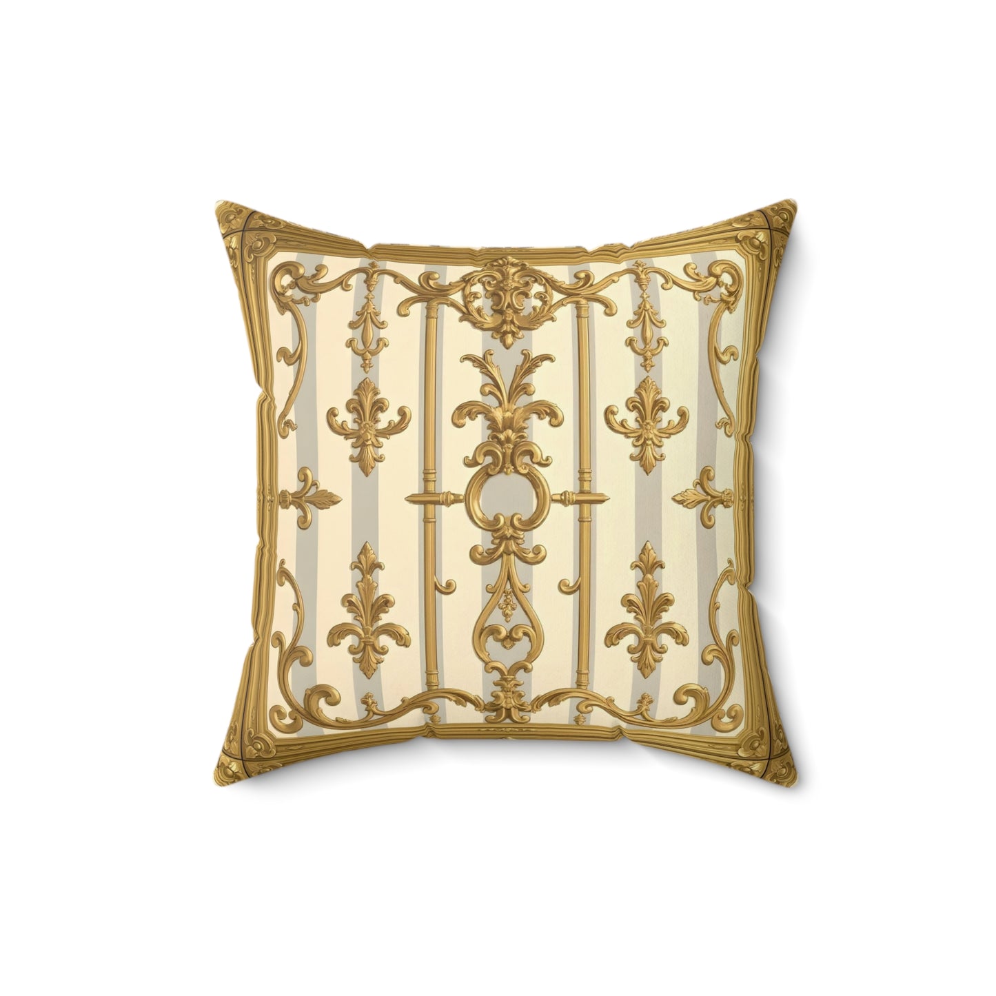 Elegant Decorative Pillow - Matte Gray & Cream Striped Gold Baroque