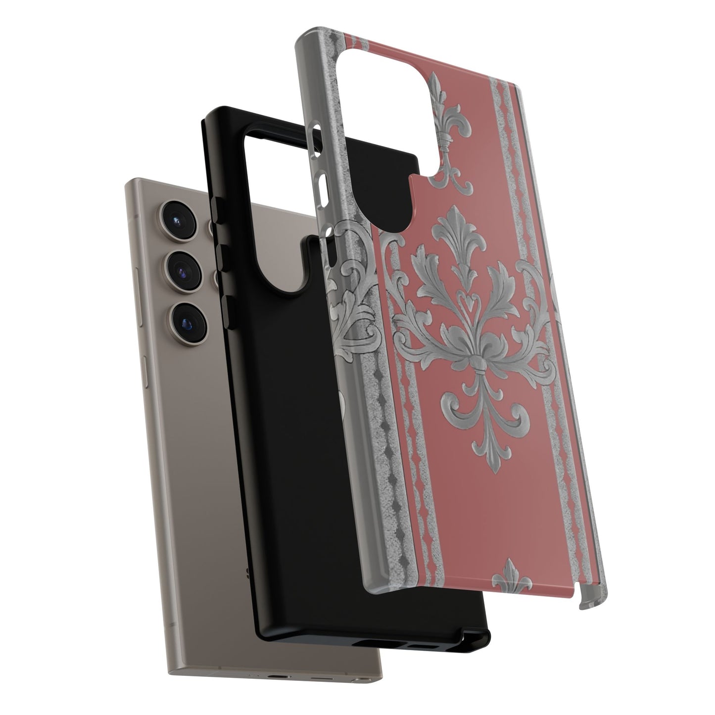 Elegant Floral Phone Case - Tough Cases for Stylish Protection - Gray & Mauve Striped Baroque