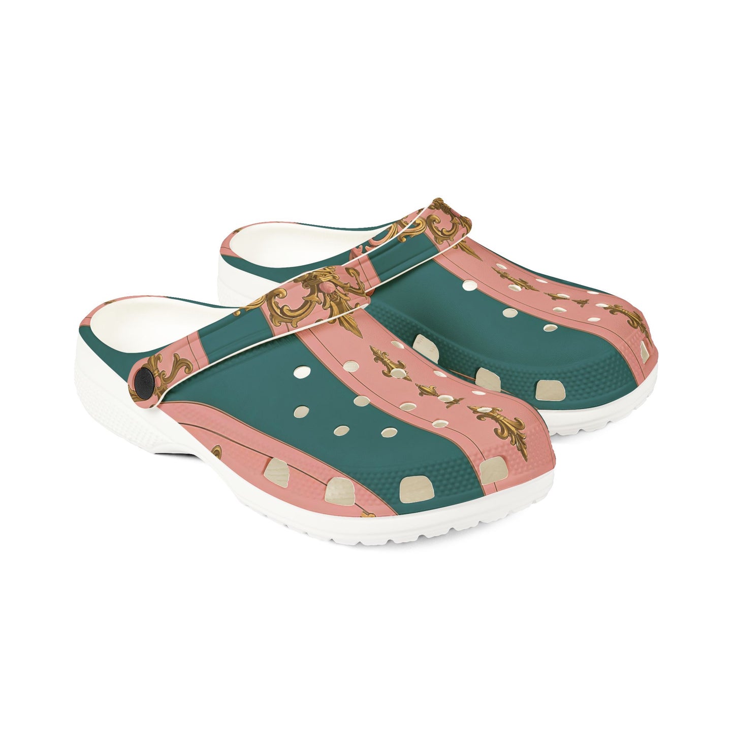 Stylish EVA Foam Rubber Shoes with Elegant Floral Design, Comfortable Clogs for Everyday Wear - Pink & Teal Striped Gold Baroque
