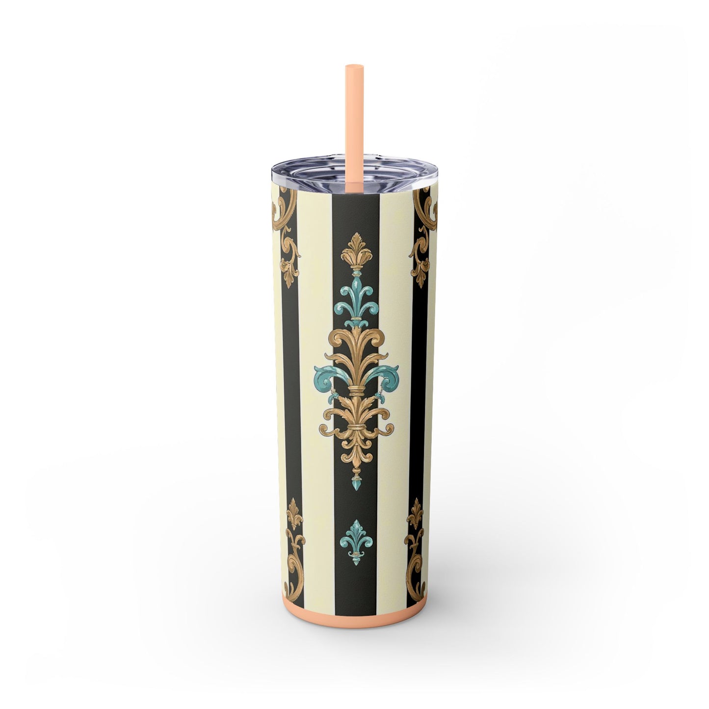 Elegant Stripe Skinny Tumbler | 20oz | Ideal Gift for Home, Office, Travel, Party, or Everyday Use - Black Striped Turquoise & Black Rococo