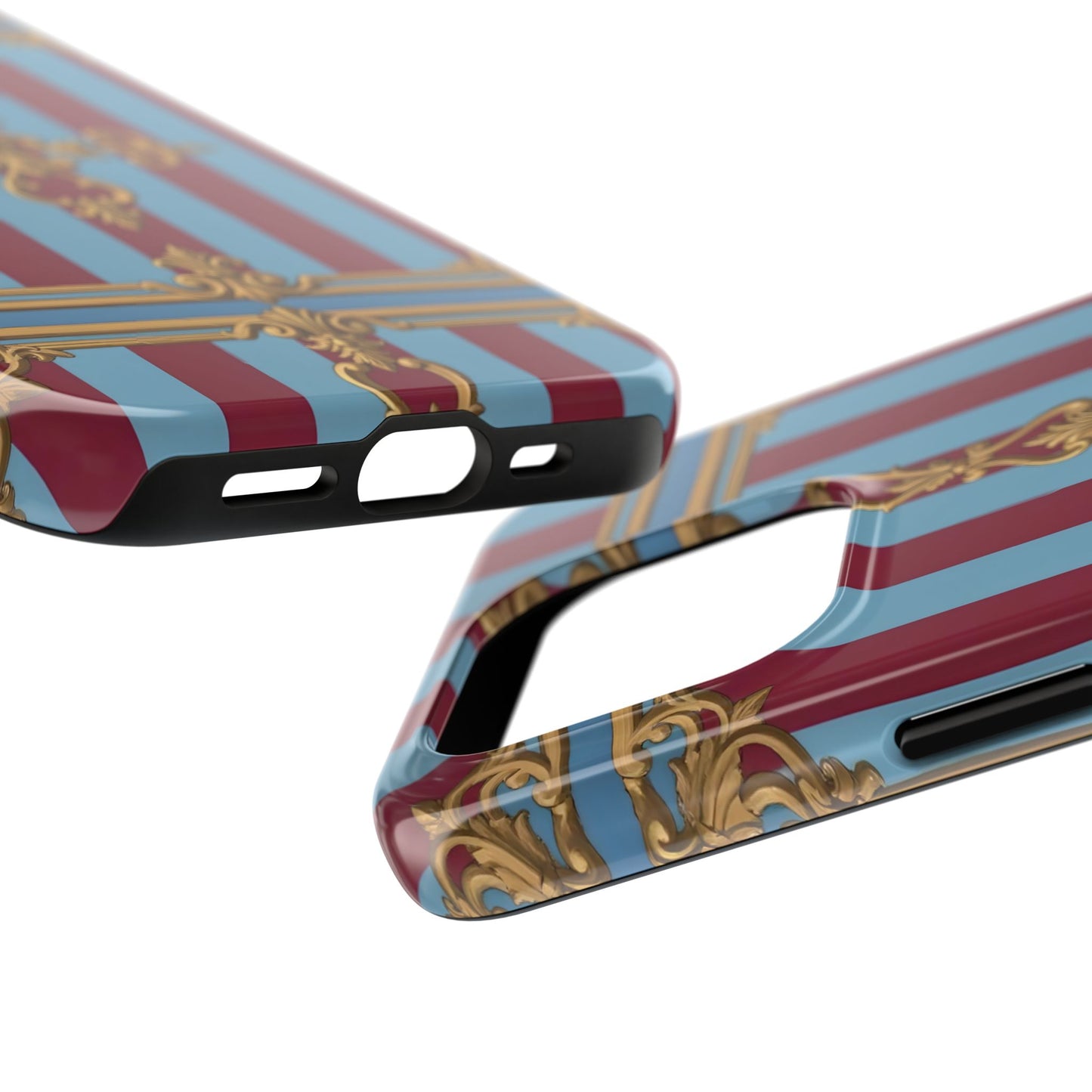 Elegant Patterned Tough Phone Cases, Stylish Phone Cover, Durable Phone Protection, Unique Gift Idea - Sky Blue & Maroon Striped Baroque