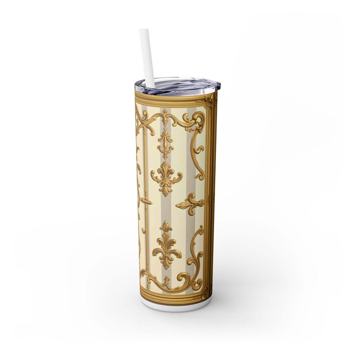 Elegant Vintage Skinny Tumbler with Straw, 20oz - Golden Baroque Design for Weddings, Parties - Matte Gray & Cream Striped Gold Baroque