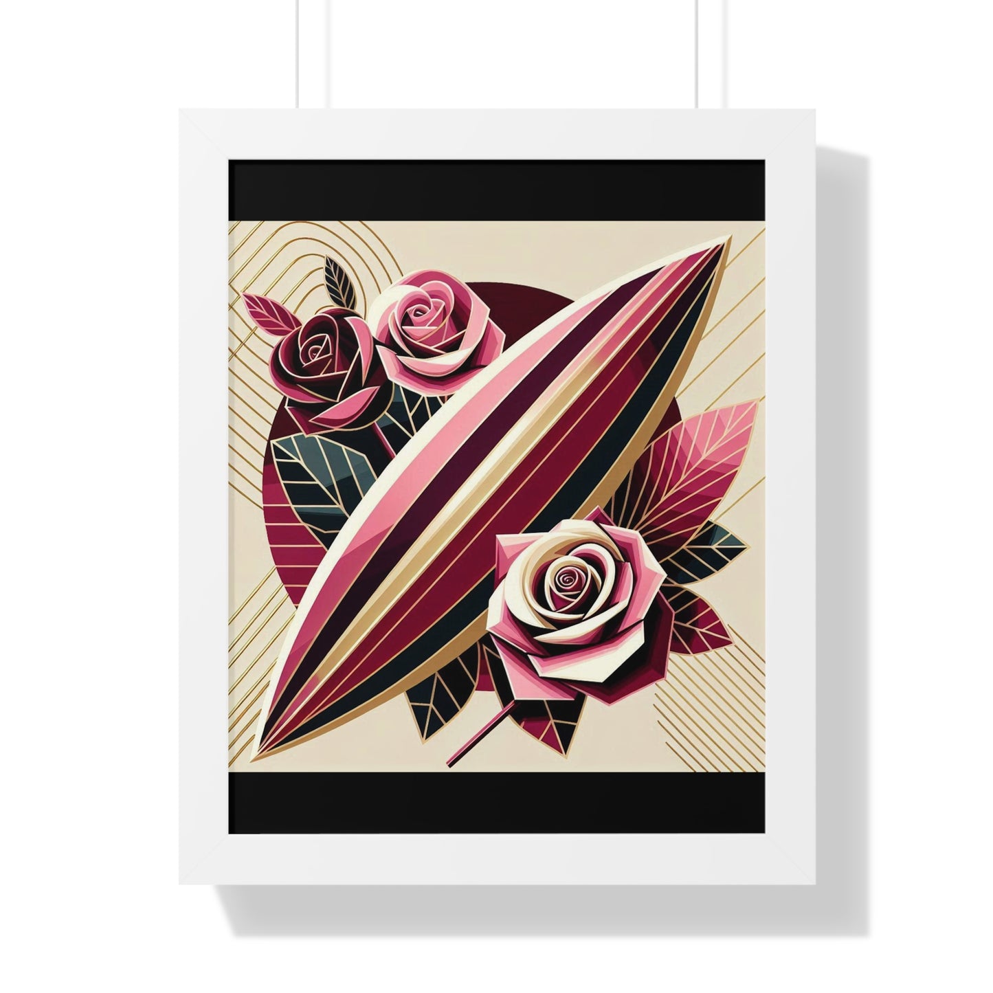Vertical Poster - Pink & Burgundy Striped Surfboard & Roses Wall Art