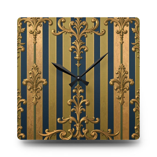 Elegant Midnight Blue & Olive Striped Gold Baroque  Vintage Acrylic Wall Clock, Home Decor, Sophisticated Timepiece, Gift for Housewarming