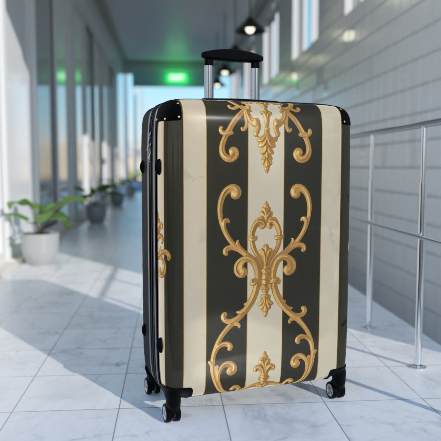 Stylish Black & Alabaster Striped Baroque Suitcase with Elegant Design, Travel Bag, Luggage, Vacation Accessories, Fashionable Carry-On