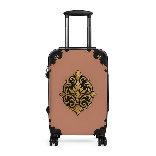 Mauve & Black-Gold Baroque Carry-On Suitcase with Elegant Gold Baroque Design — Vintage Travel Luggage