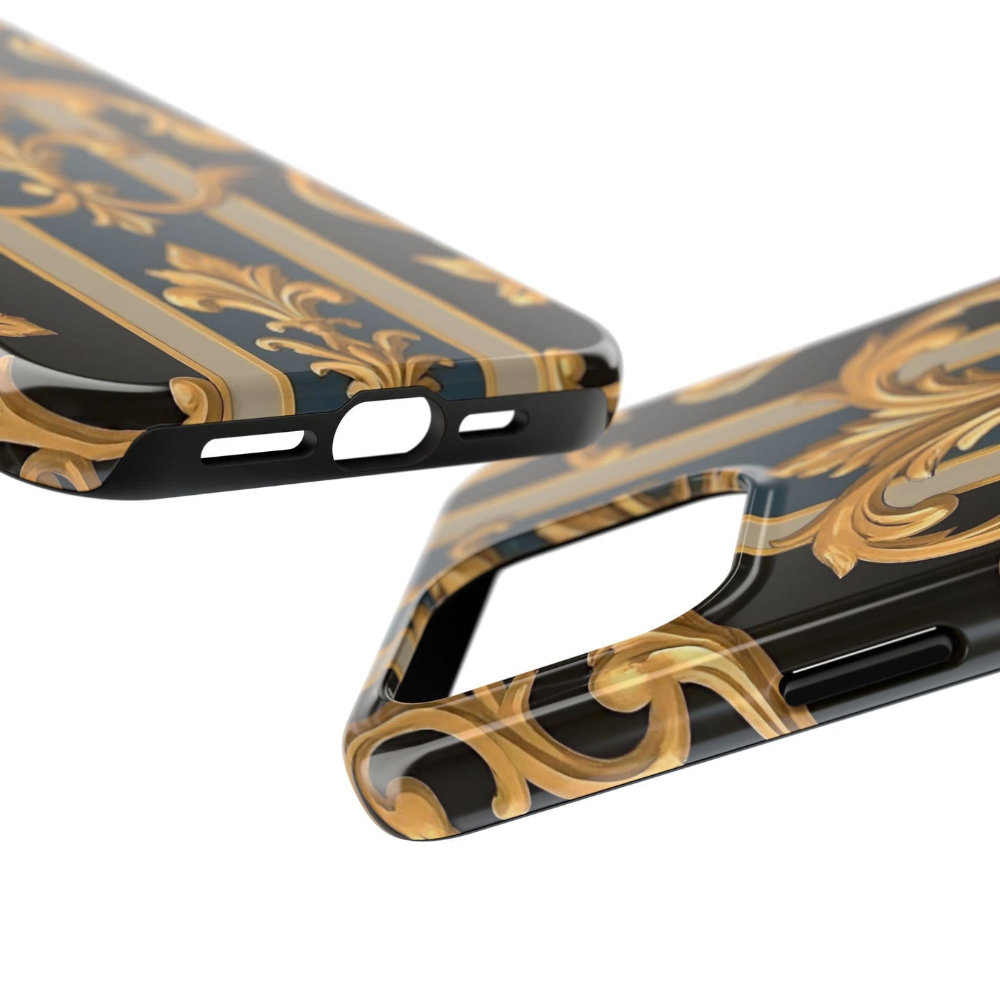 Elegant Rococo Phone Cases, Tough iPhone Case, Floral Design Case, Luxury Phone Cover - Blue & Black Striped Rococo