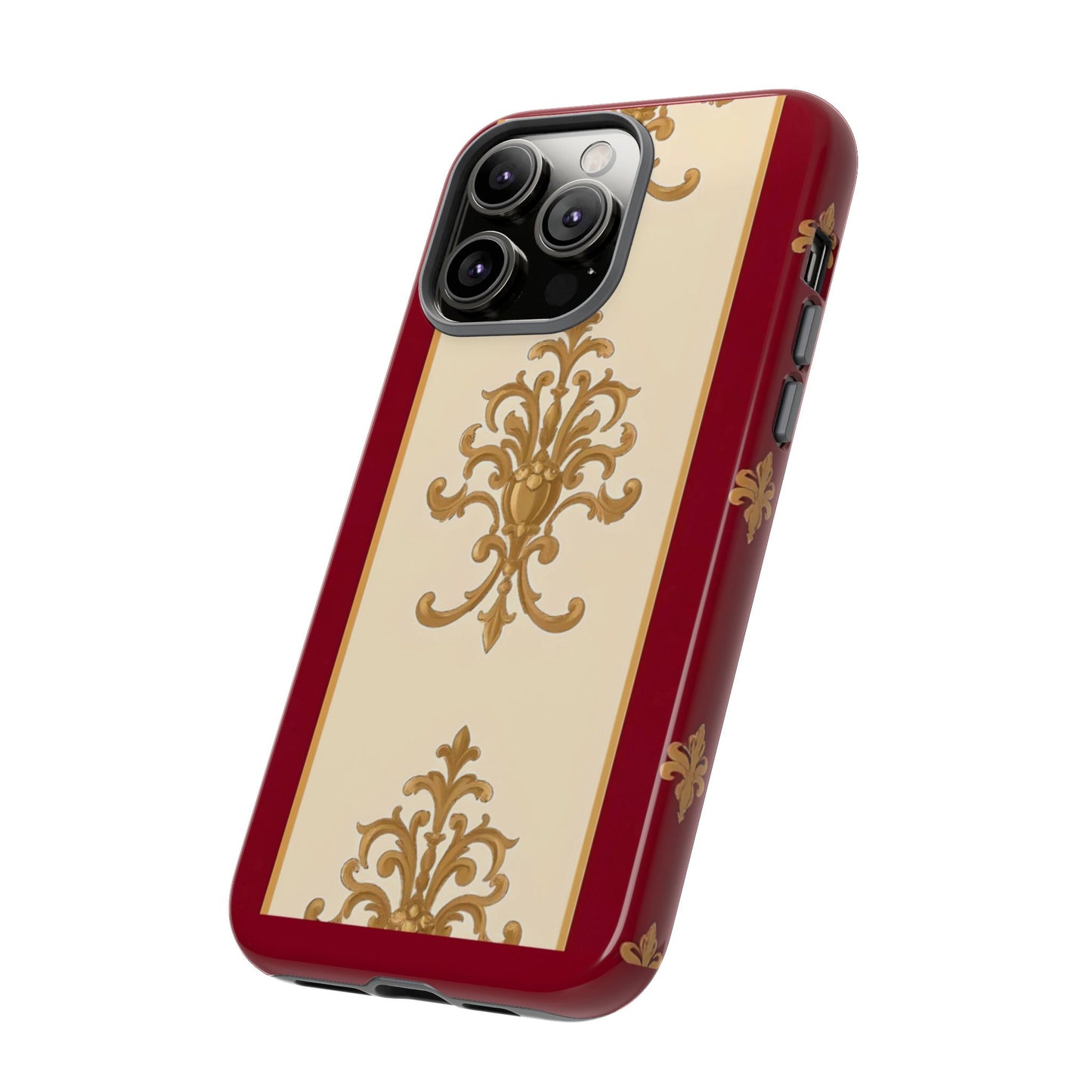Elegant Floral Motif Phone Case - Tough Cases with Vintage Design - Dusk Red Striped Gold Damask