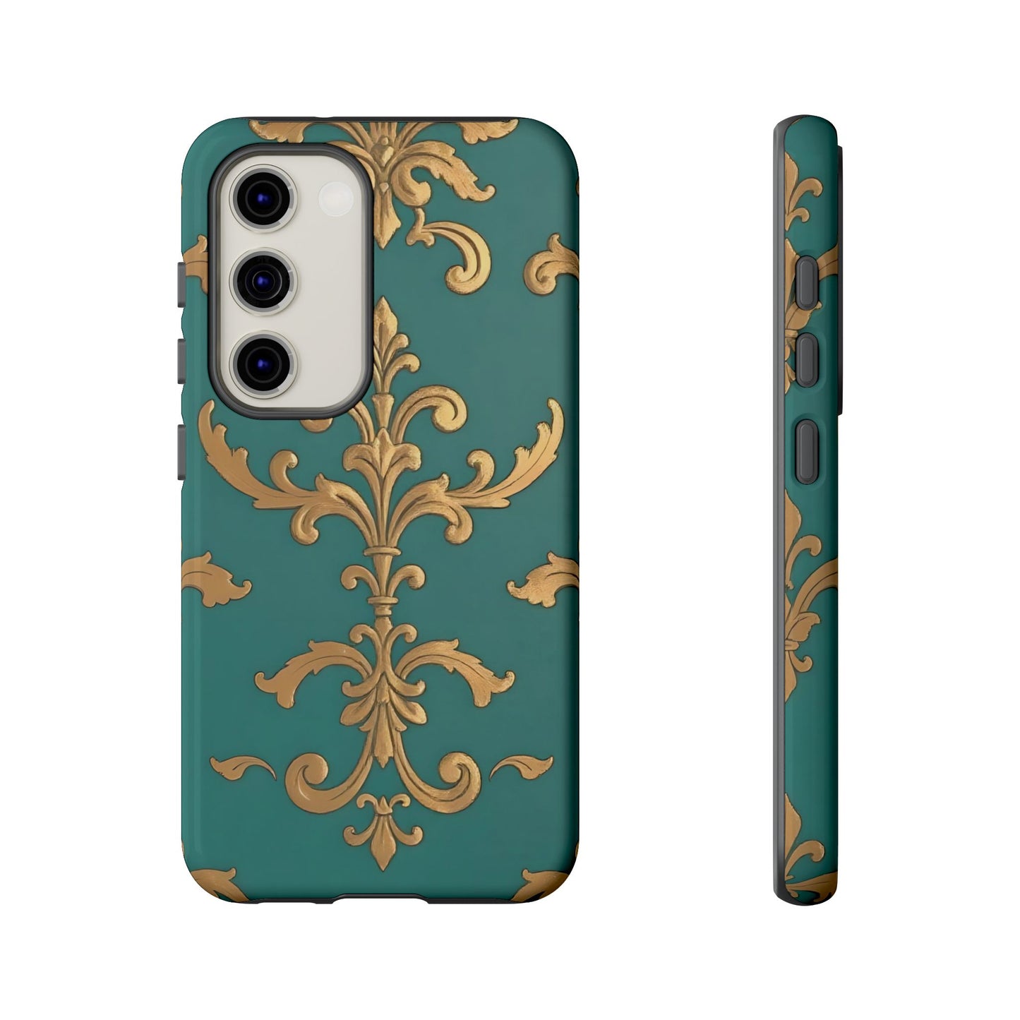Elegant Floral Motif Phone Case - Tough Cases with Vintage Design - Aqua & Gold Damask