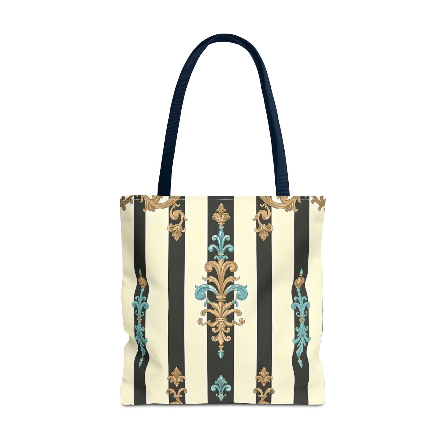 Elegant Stripe Pattern Tote Bag | Fashionable Reusable Shopping Tote, Eco-Friendly Gift Bag - Black Striped Turquoise & Black Rococo