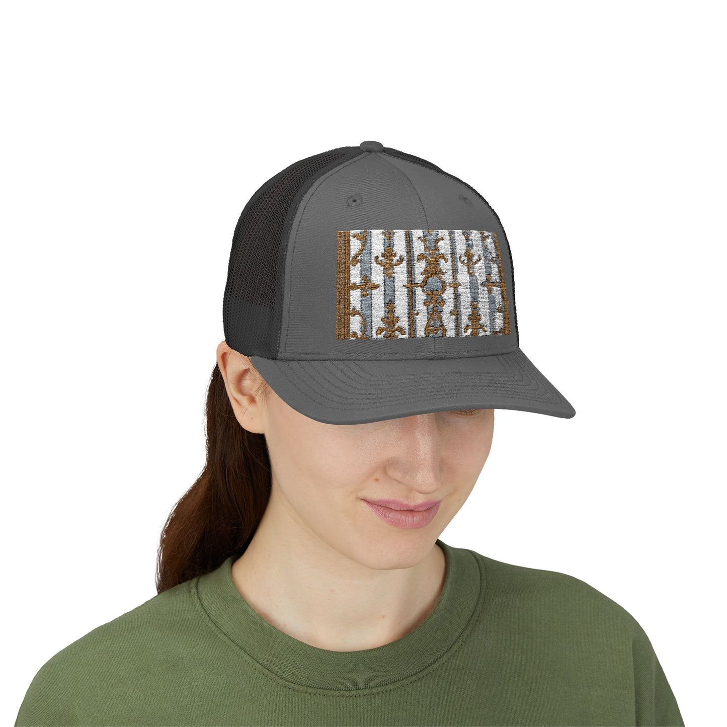 Stylish Snapback Trucker Cap with Nature-Inspired Design - Summer Festivals - Matte Gray & Cream Striped Gold Baroque