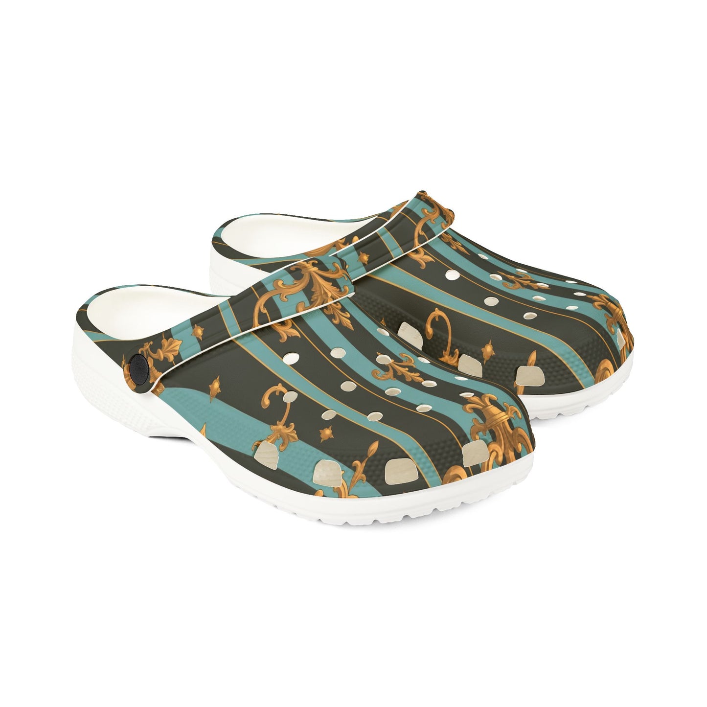 Chic EVA Foam Slippers - Stylish Comfort for Home, Casual Outings, Gardening, Parties, and Spa Days - Black & Turquoise Striped Baroque