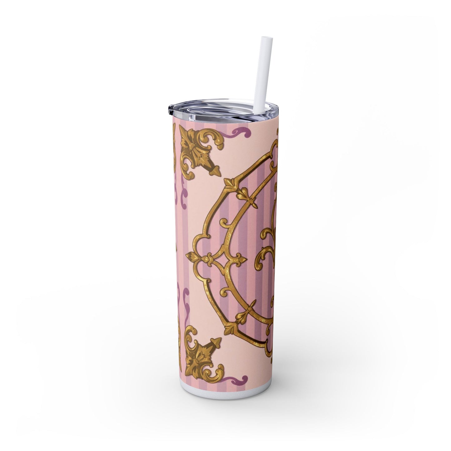 Elegant Lavender & Alabaster Striped Gold Baroque Tumbler - Insulated 20oz Skinny Cup with Straw, Ideal for Gifts, Parties, and Daily Use