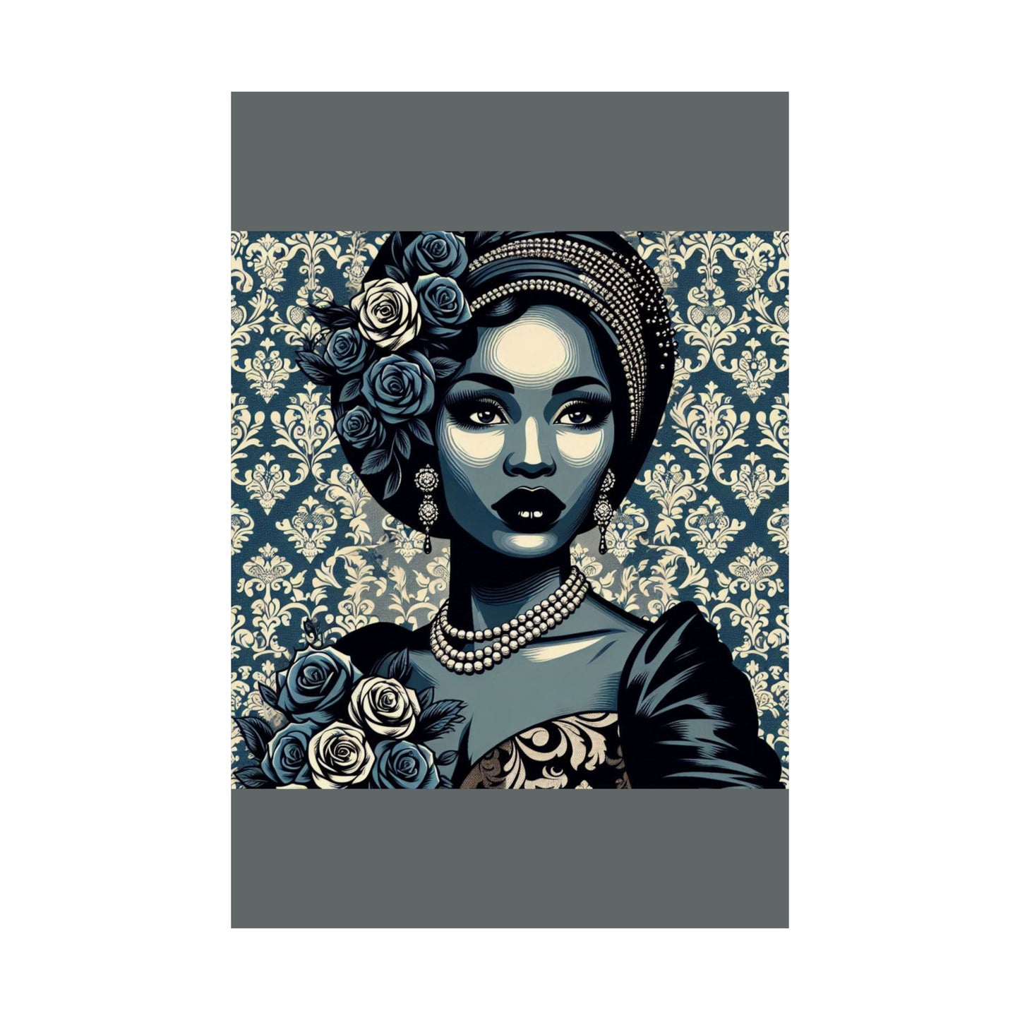 Floral Afro Art Poster - Elegant Matte Vertical Wall Decor - Slate Blue Lady & Damask