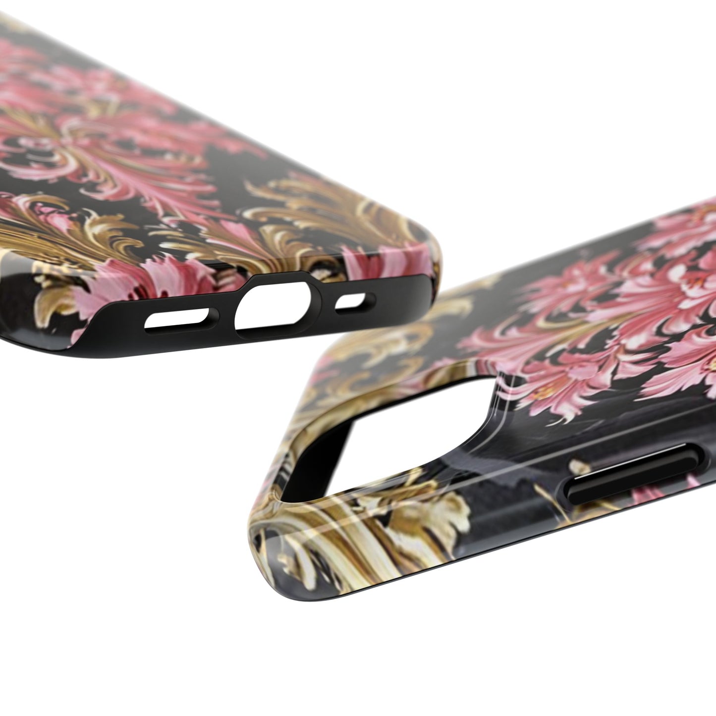 Elegant Floral Tough Phone Cases | Stylish Protection for Her | Gift for Birthdays - Black & Pink Oil Painting Style Rococo