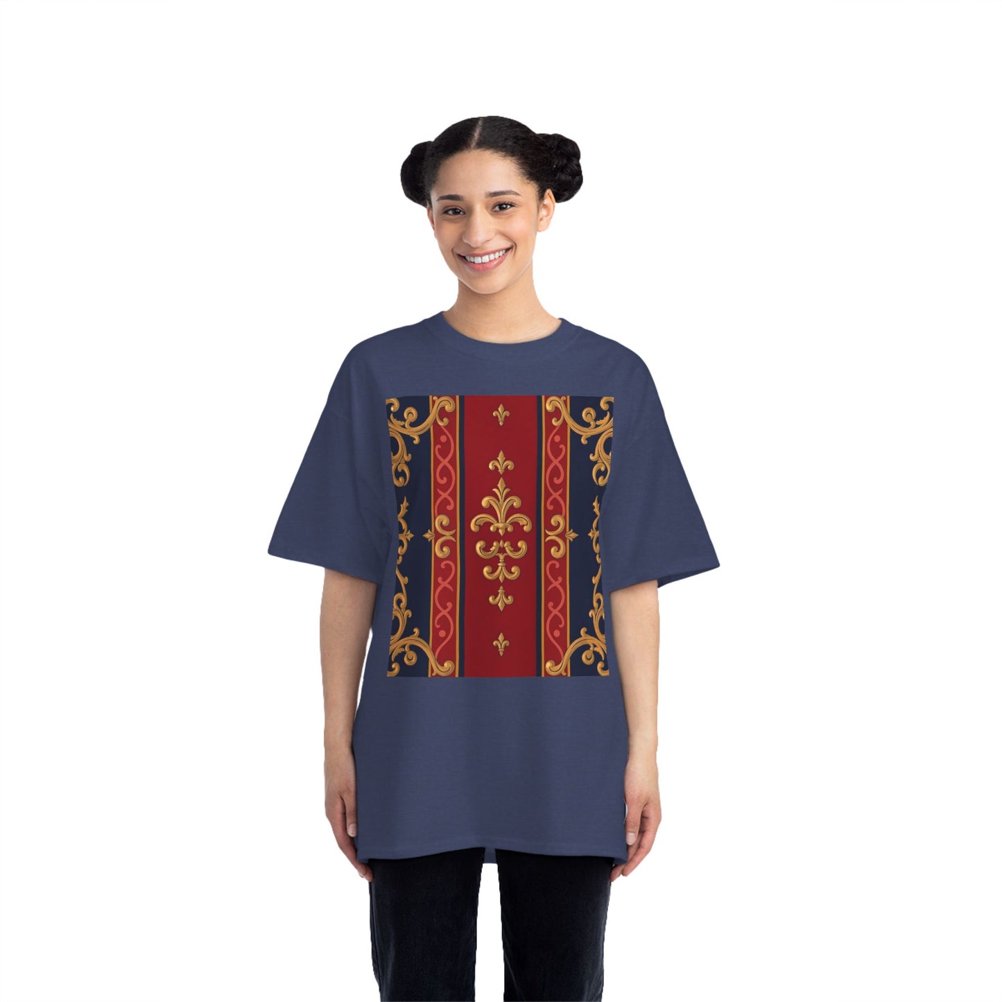 Elegant Baroque T-Shirt for Fashion Lovers, Casual Wear, Gift for Her, Unique Tee for Art Enthusiasts - Midnight Blue & Dusk Red Gold Baroque