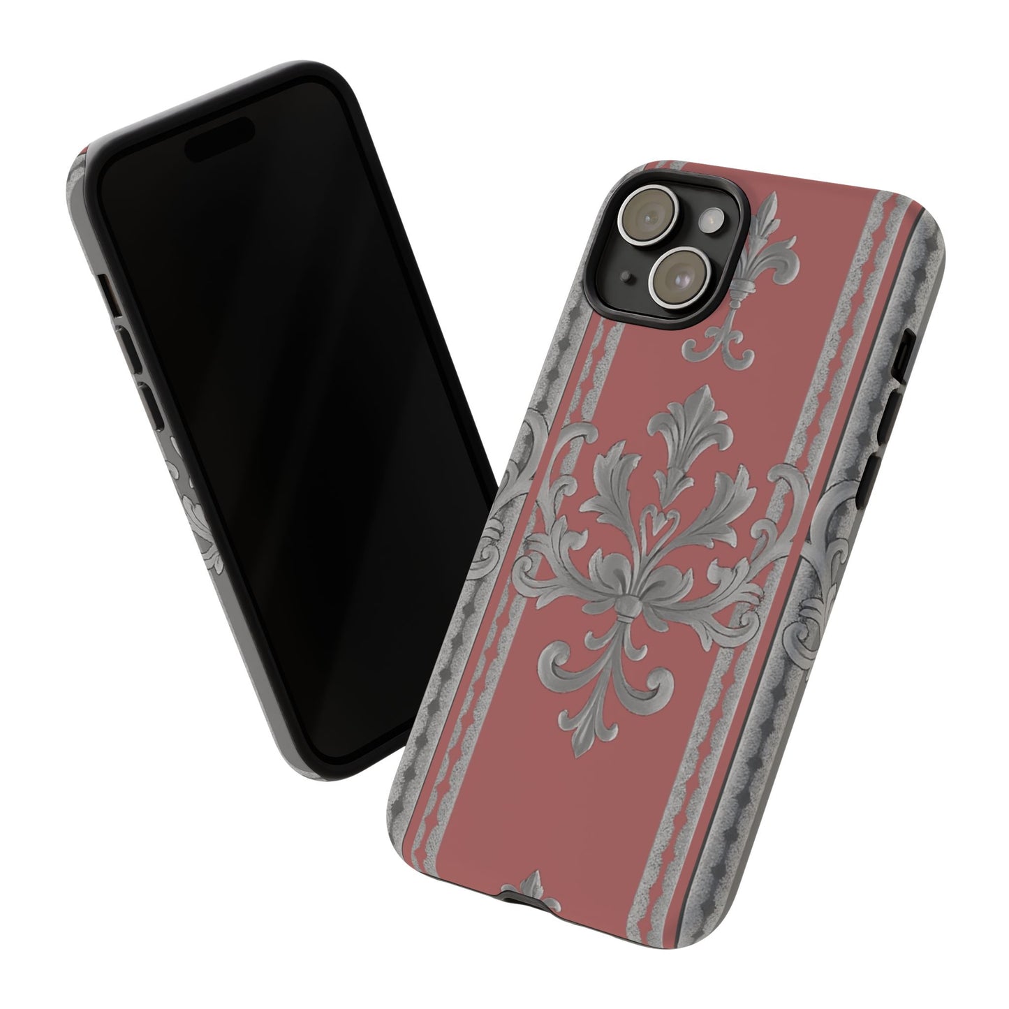 Elegant Floral Phone Case - Tough Cases for Stylish Protection - Gray & Mauve Striped Baroque