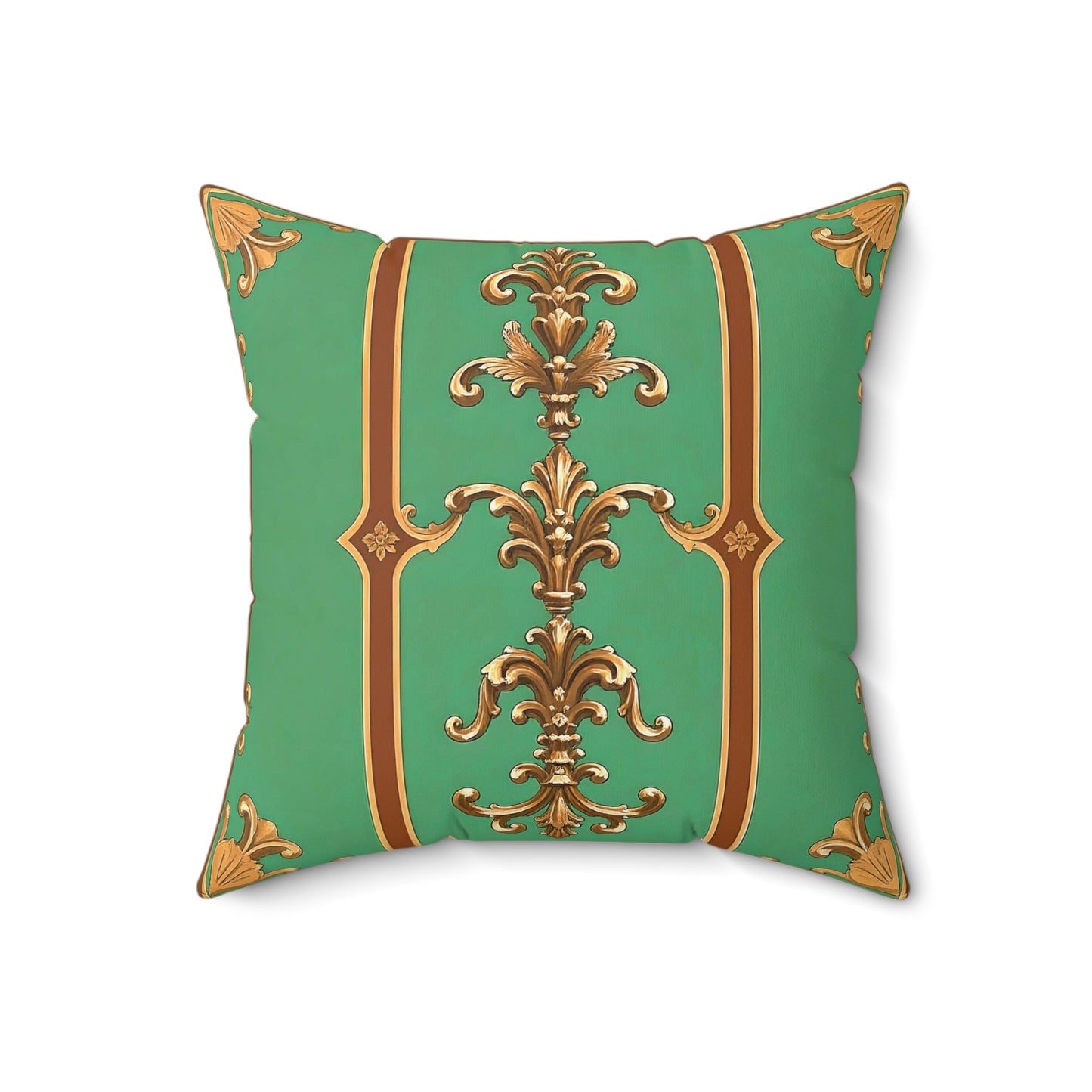 Elegant Faux Suede Square Pillow with Vintage Gold Design - Rust & Green Striped Baroque