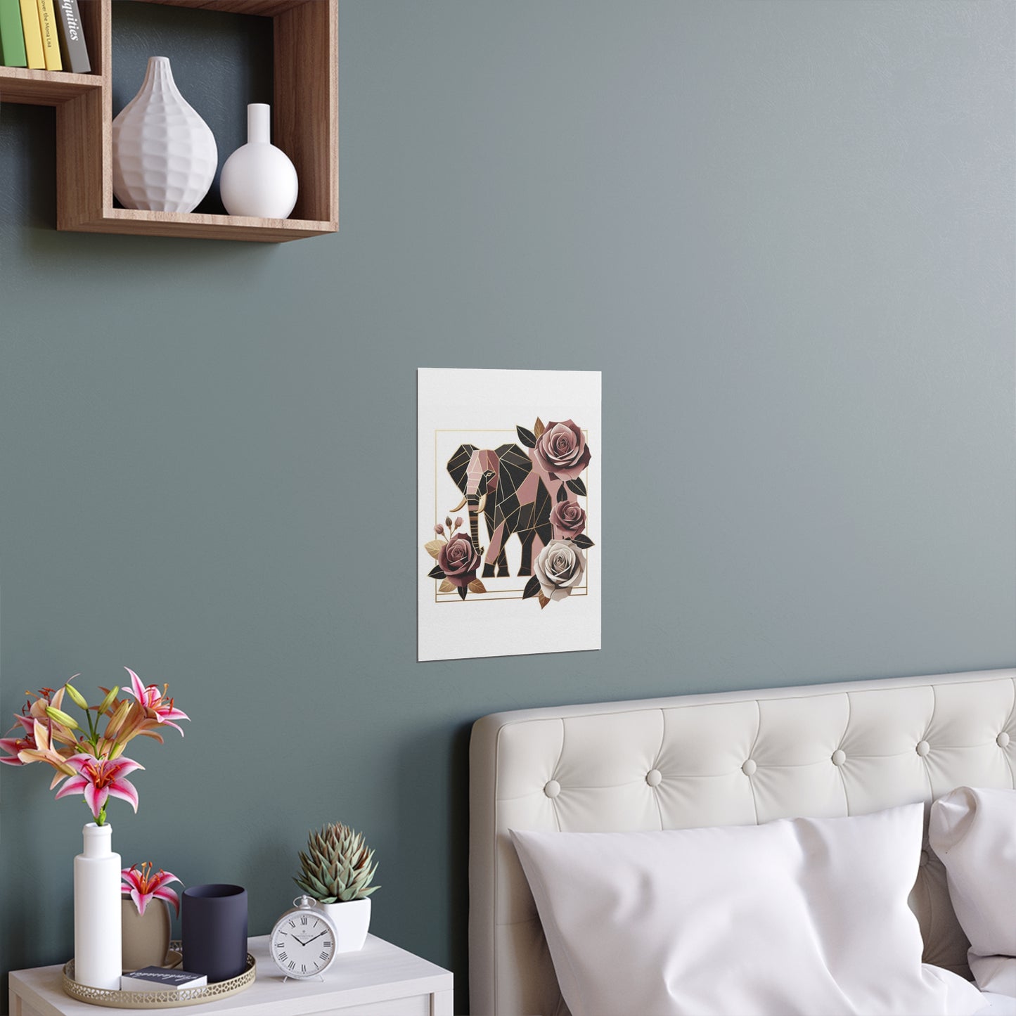Elegant Floral Silk Poster - Indoor/Outdoor Wall Art for Home Decor - Brown & Mauve Elephant & Roses