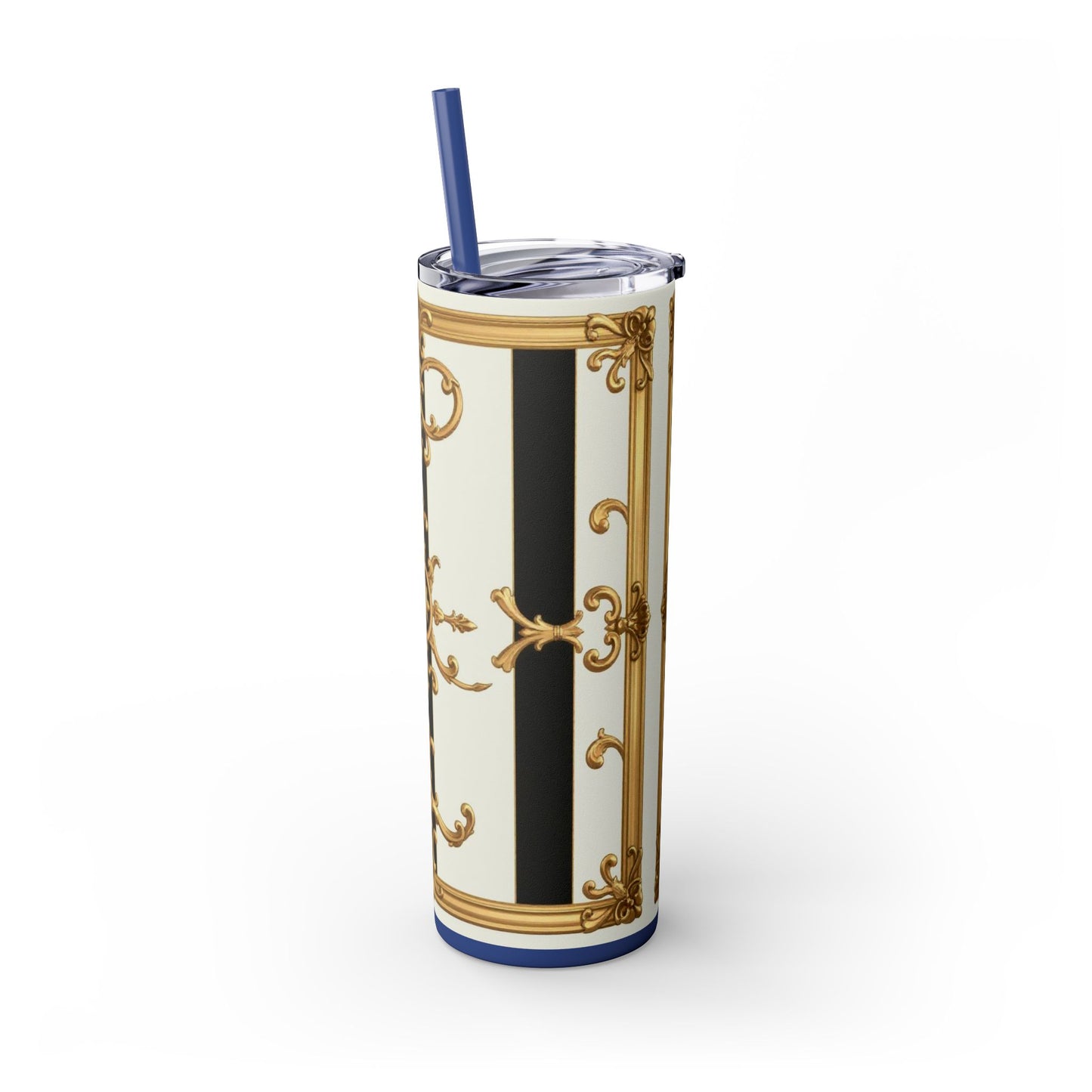 Elegant Gold Accents Skinny Tumbler, 20oz - Stylish Drinkware for Weddings, Parties, Gifts, or Everyday Use - Black & White Striped Gold Baroque