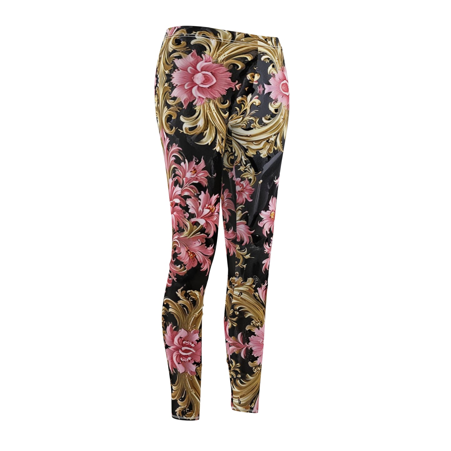 Floral Elegance Leggings - Stylish Printed Activewear, Casual Yoga Pants, Running Tights, Gift for Her - Black & Pink Oil Painting Style Rococo