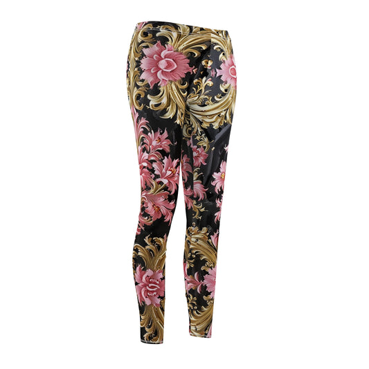 Floral Elegance Leggings - Stylish Printed Activewear, Casual Yoga Pants, Running Tights, Gift for Her - Black & Pink Oil Painting Style Rococo