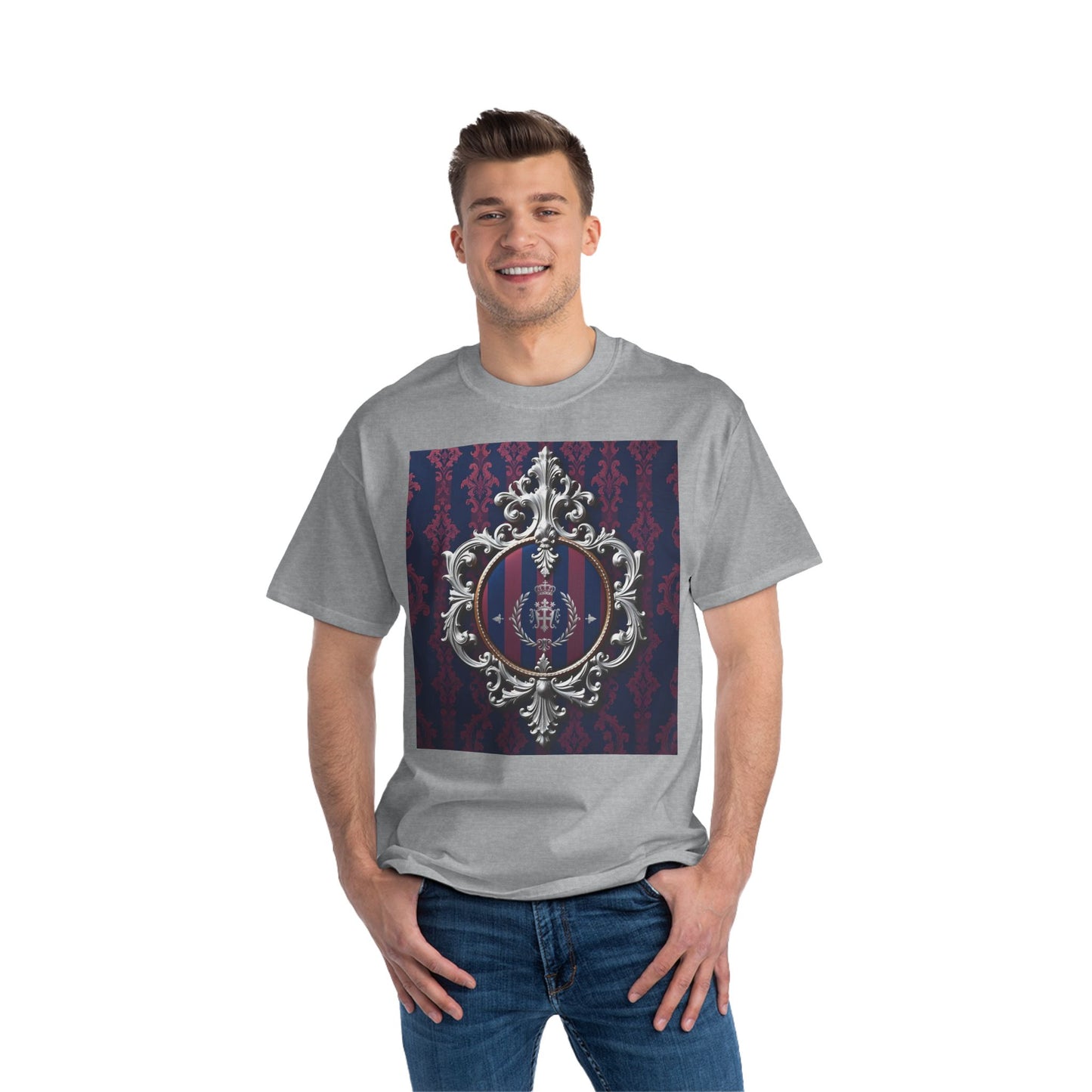 Elegant Unisex Graphic T-Shirt - Vintage Inspired, Casual Wear, Unique Gift, Art Tee, Fashion Statement - Blue & Plum Striped Silver Crest