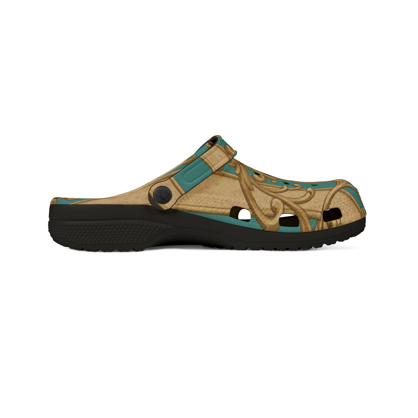 Stylish Black, Tan & Ocean Green Striped Gold Baroque  EVA Foam Rubber Clogs, Trendy Garden Shoes, Fashionable Slip-Ons