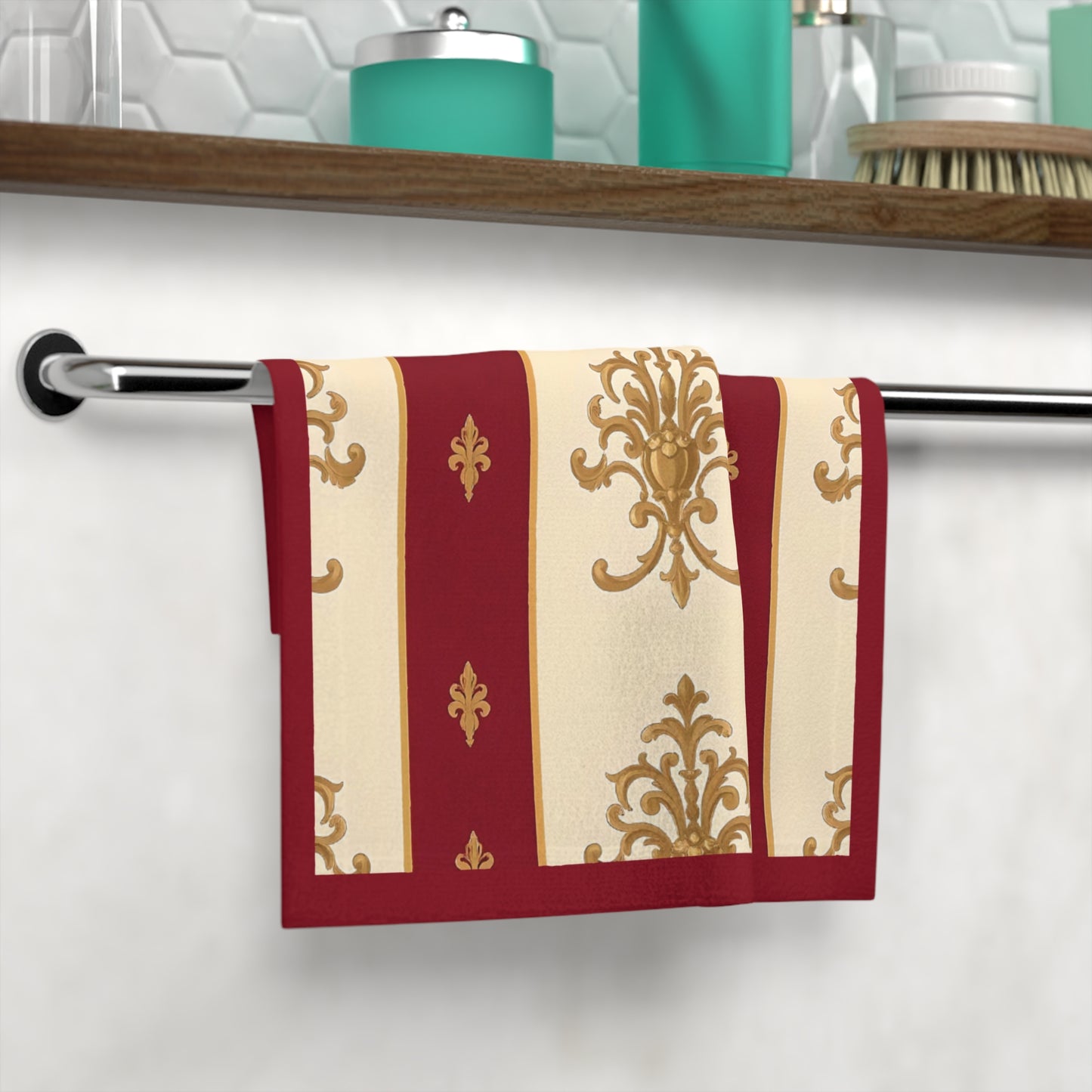 Elegant Vintage Face Towel – Luxurious Gold Pattern for Home & Spa - Dusk Red Striped Gold Damask