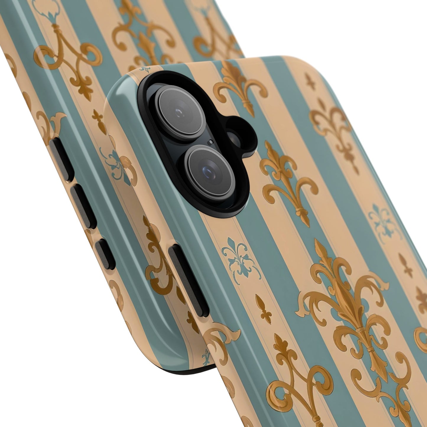 Elegant Floral Motif Phone Case - Tough Cases with Vintage Design -  Beige & Sky Blue Striped Gold Damask