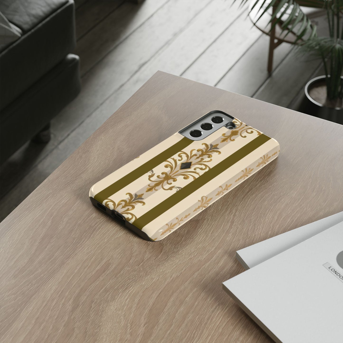 Elegant Floral Motif Phone Case - Tough Cases with Vintage Design - Olive Striped Gold Damask