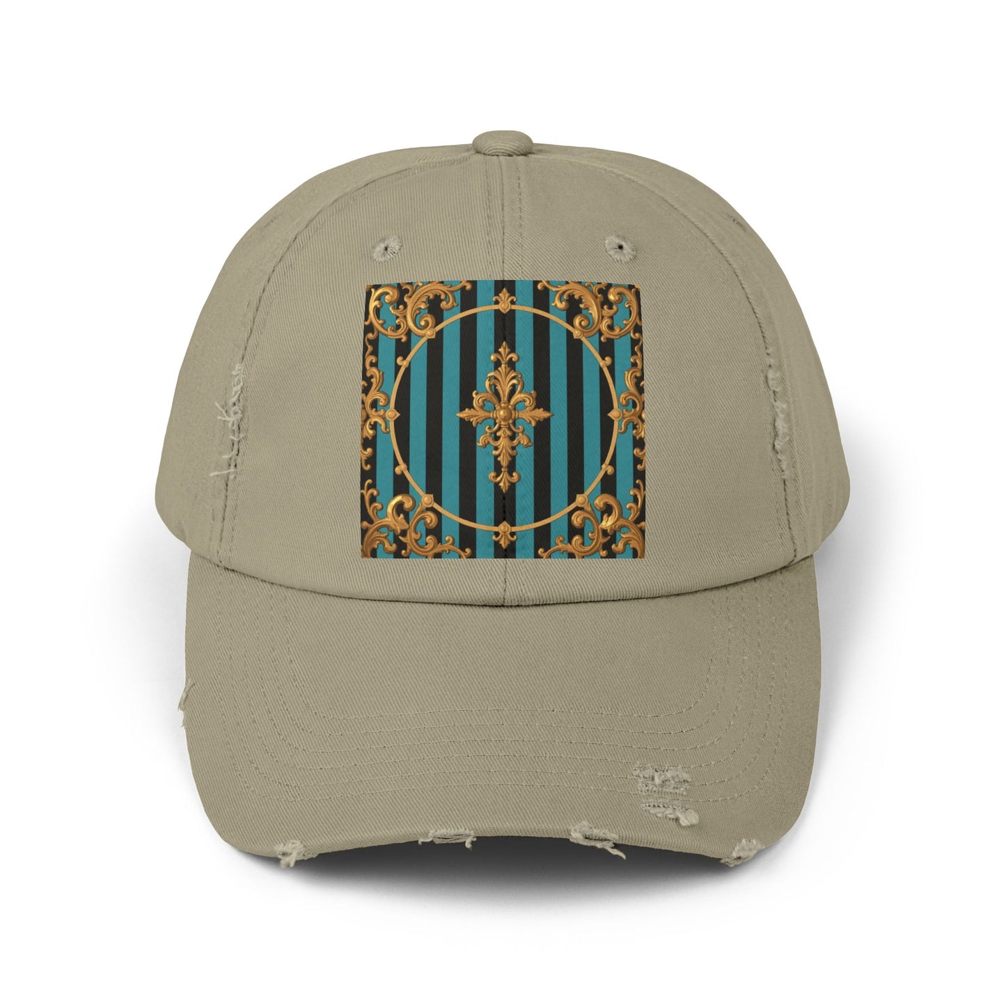 Turquoise & Black Striped Gold Baroque Distressed Cap with Elegant Design, Fashion Accessory for Everyday Wear, Perfect for Festivals, Gifts