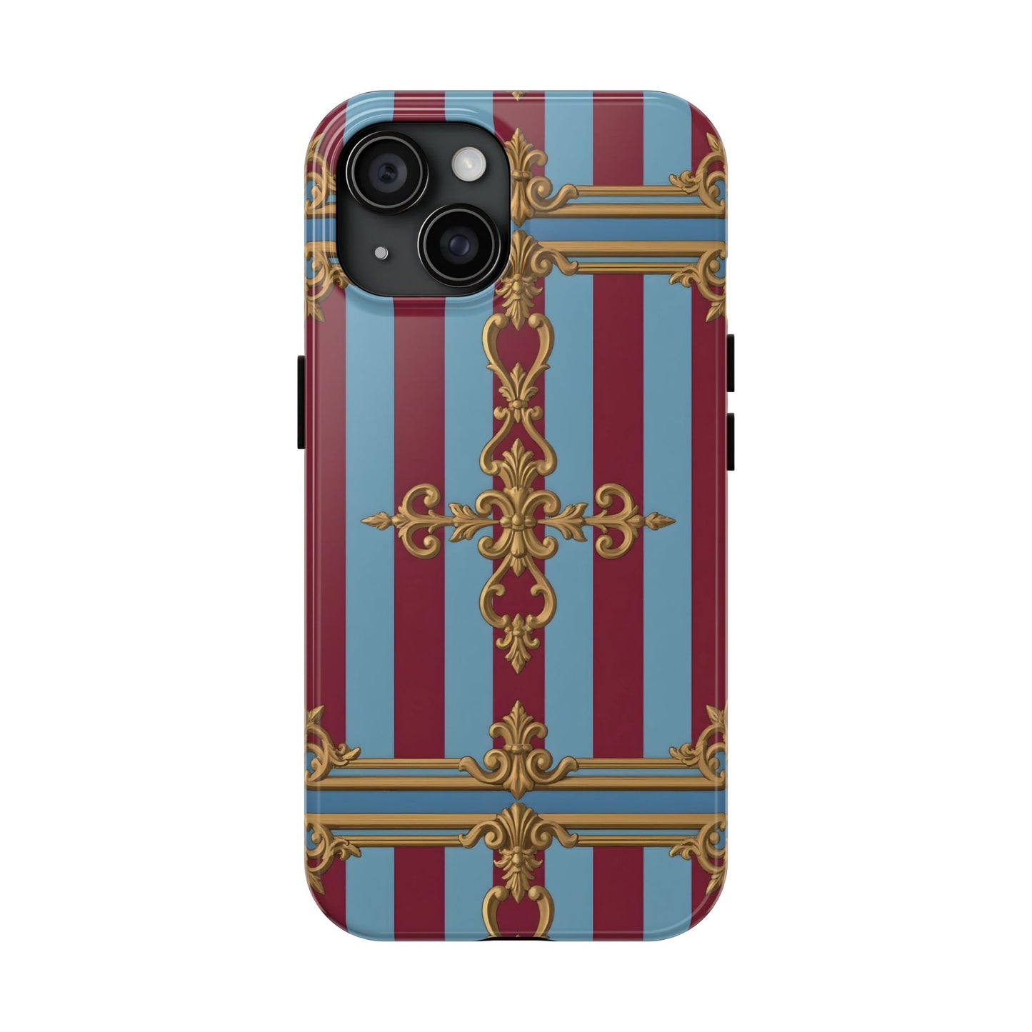 Elegant Patterned Tough Phone Cases, Stylish Phone Cover, Durable Phone Protection, Unique Gift Idea - Sky Blue & Maroon Striped Baroque