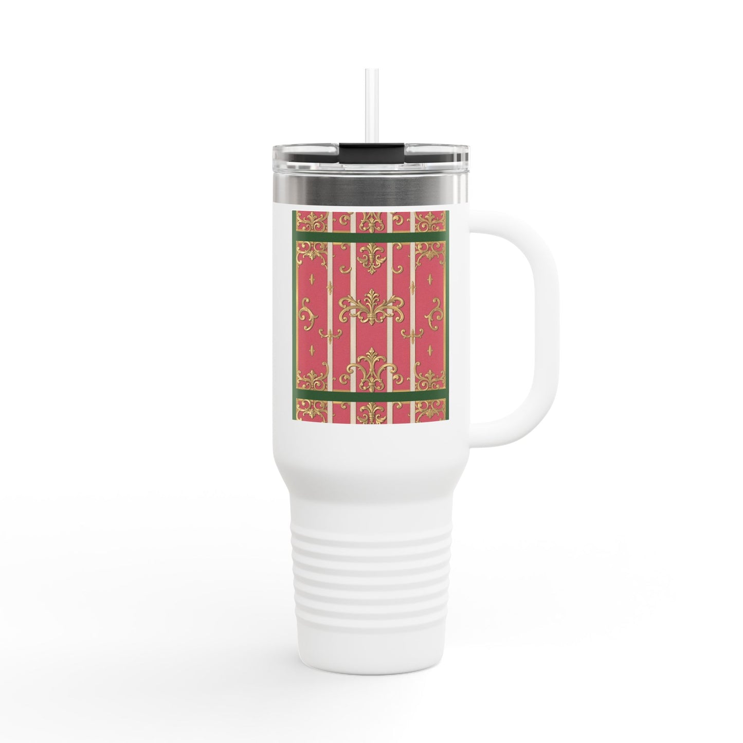 Elegant Insulated Green Border Pink Striped Baroque Travel Mug, 40oz with Baroque Design - Perfect for Gifting, Coffee, Tea, Gift for Her