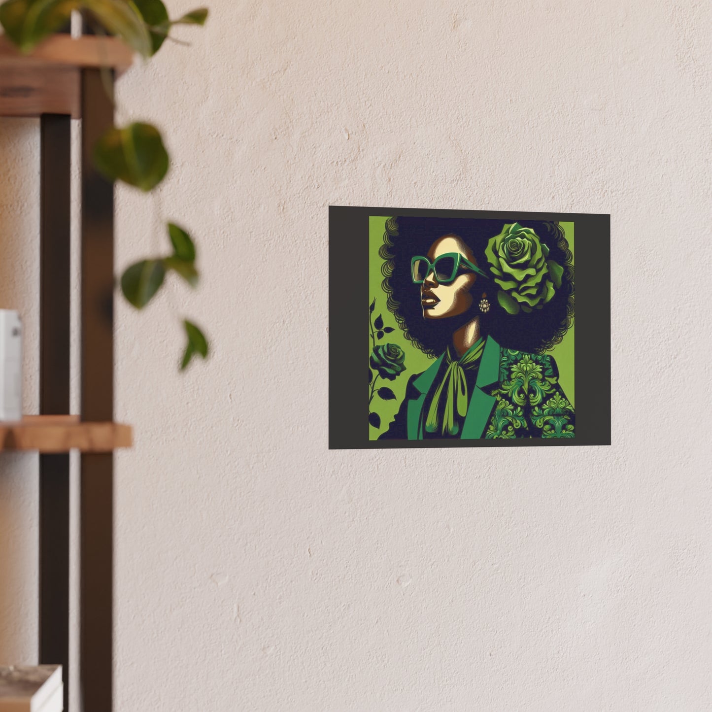 Chic Afrocentric Art Poster, Vibrant Wall Décor, Stylish Home Decoration, Damask Chic Art Print - Lady In Green Damask
