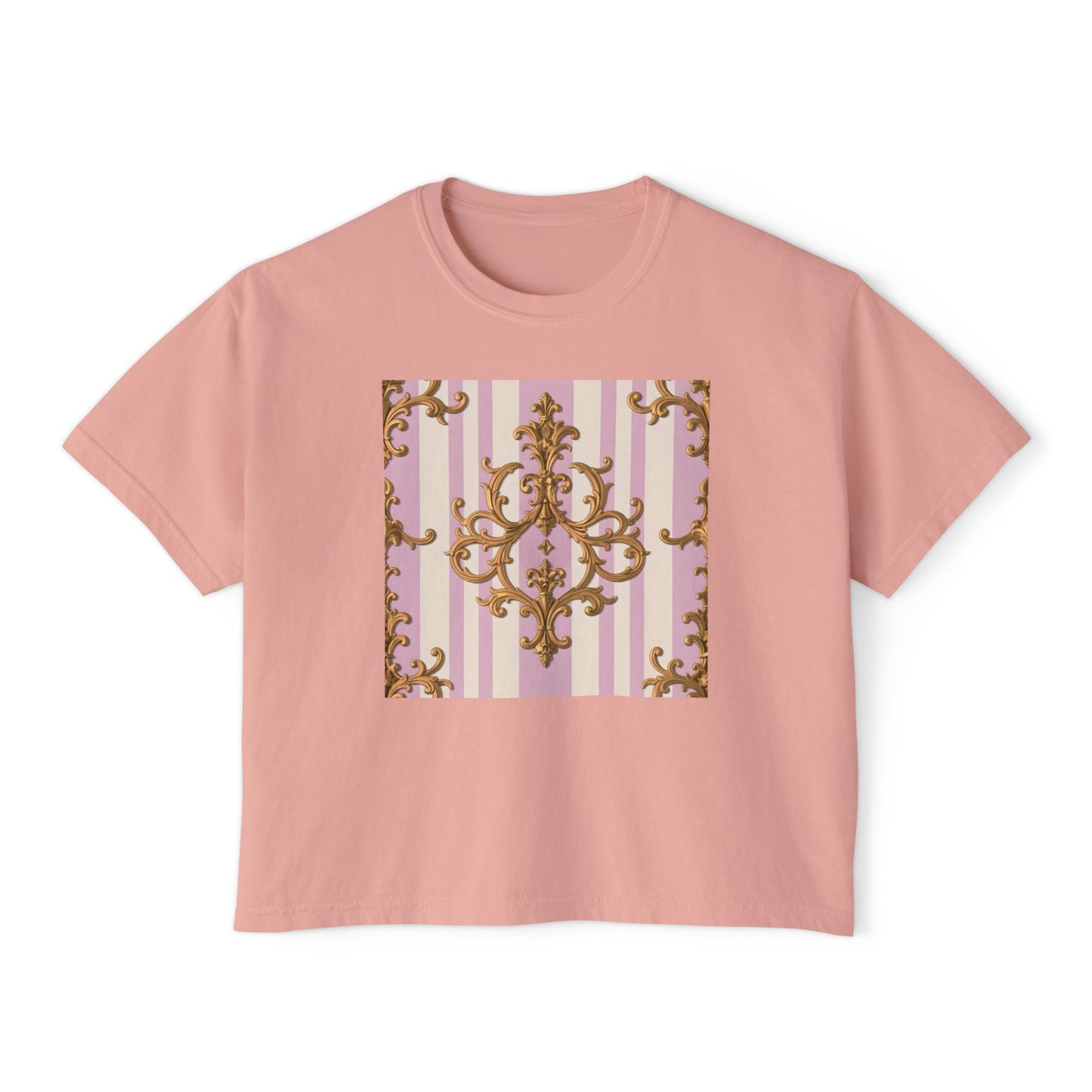 Chic Baroque Women's Boxy Tee, Stylish Cropped T-Shirt, Casual Top, Summer Boxy Tee, Baroque Print Shirt - Lilac & Alabaster Striped Gold Baroque