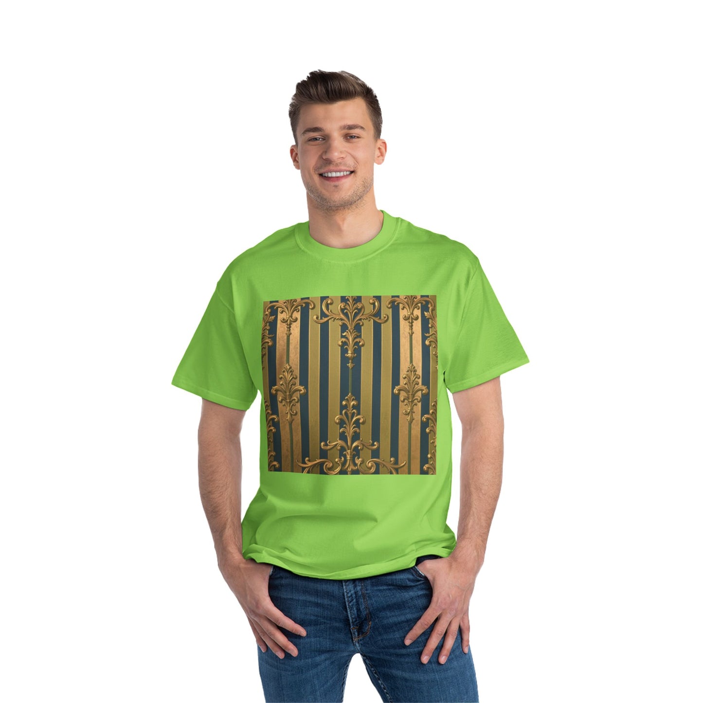 Elegant Midnight Blue & Olive Striped Gold Baroque Short-Sleeve Unisex T-Shirt, Vintage Fashion Tee, Casual Summer Top