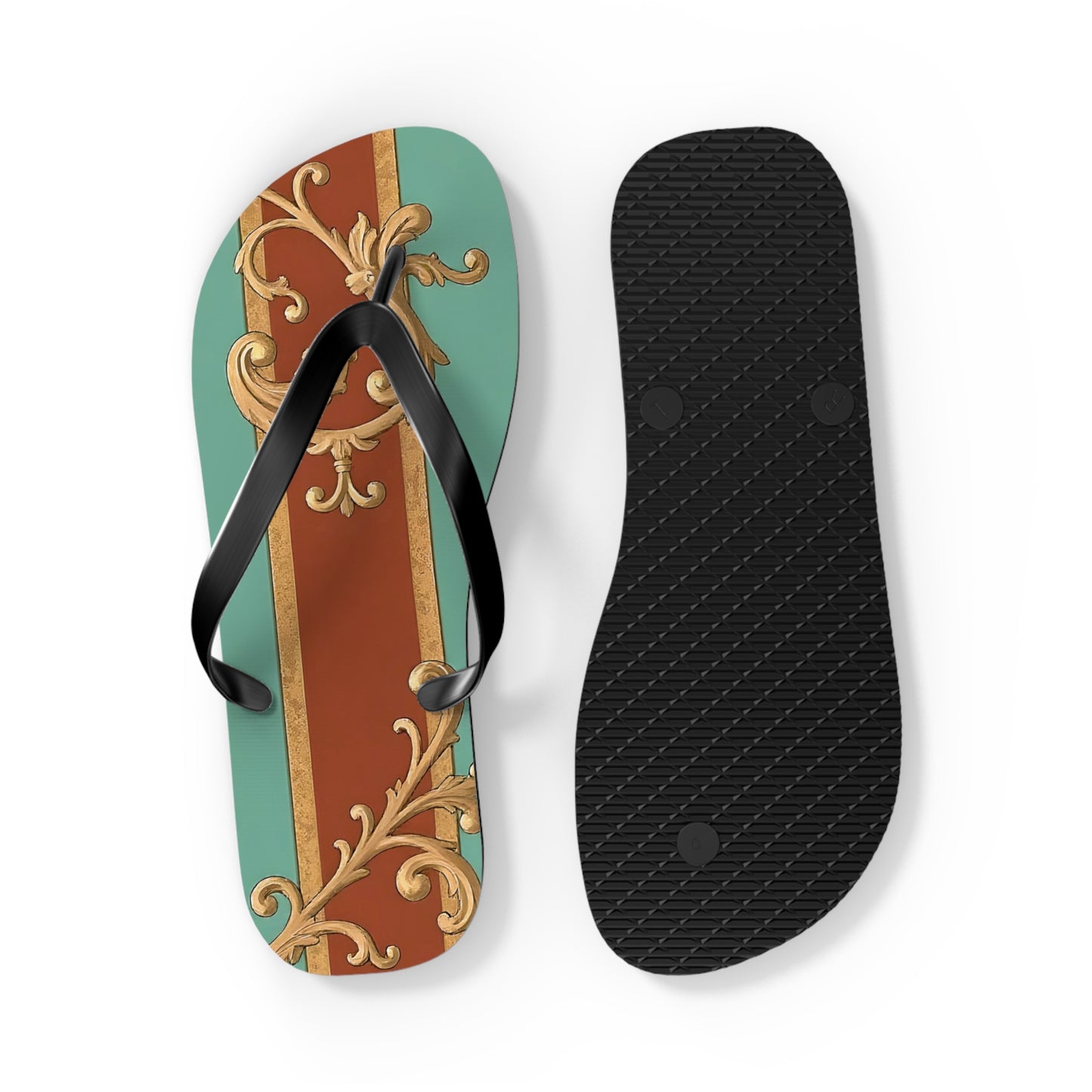 Elegant Vintage Flip Flops with Ornate Design - Perfect for Summer & Beach Getaways - Rust & Mint Aqua Striped Baroque