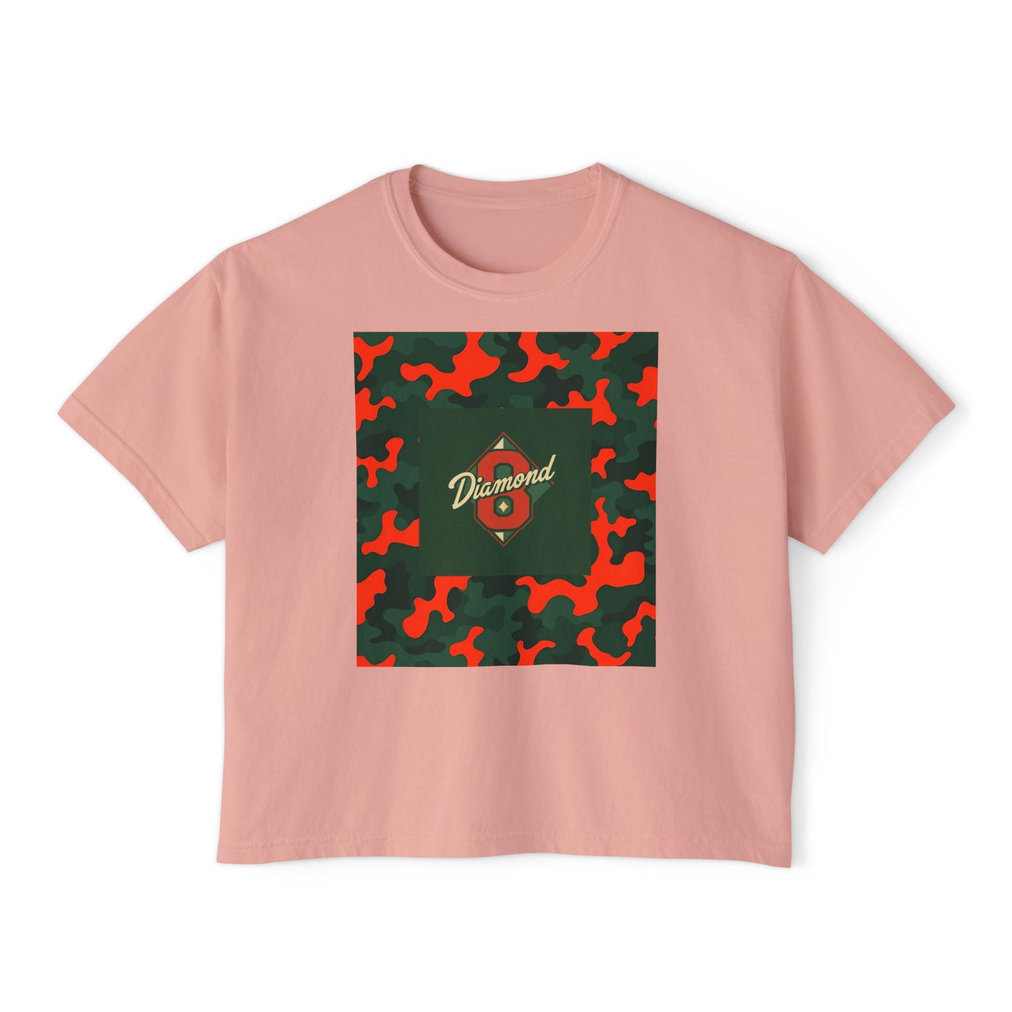 Stylish Women's Boxy Tee - Trendy Camo Print, Casual Summer Wear, Gift for Her, Streetwear Top - Green & Orange Camo Diamond 8