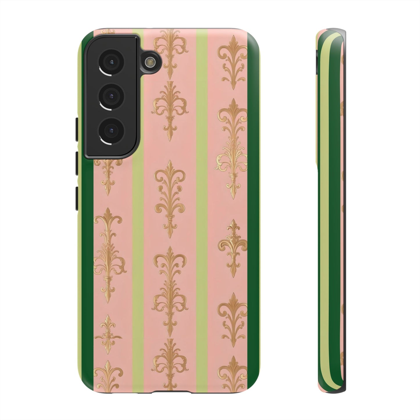 Elegant Floral Motif Phone Case - Tough Cases with Vintage Design - Lime Green & Pink Striped Damask