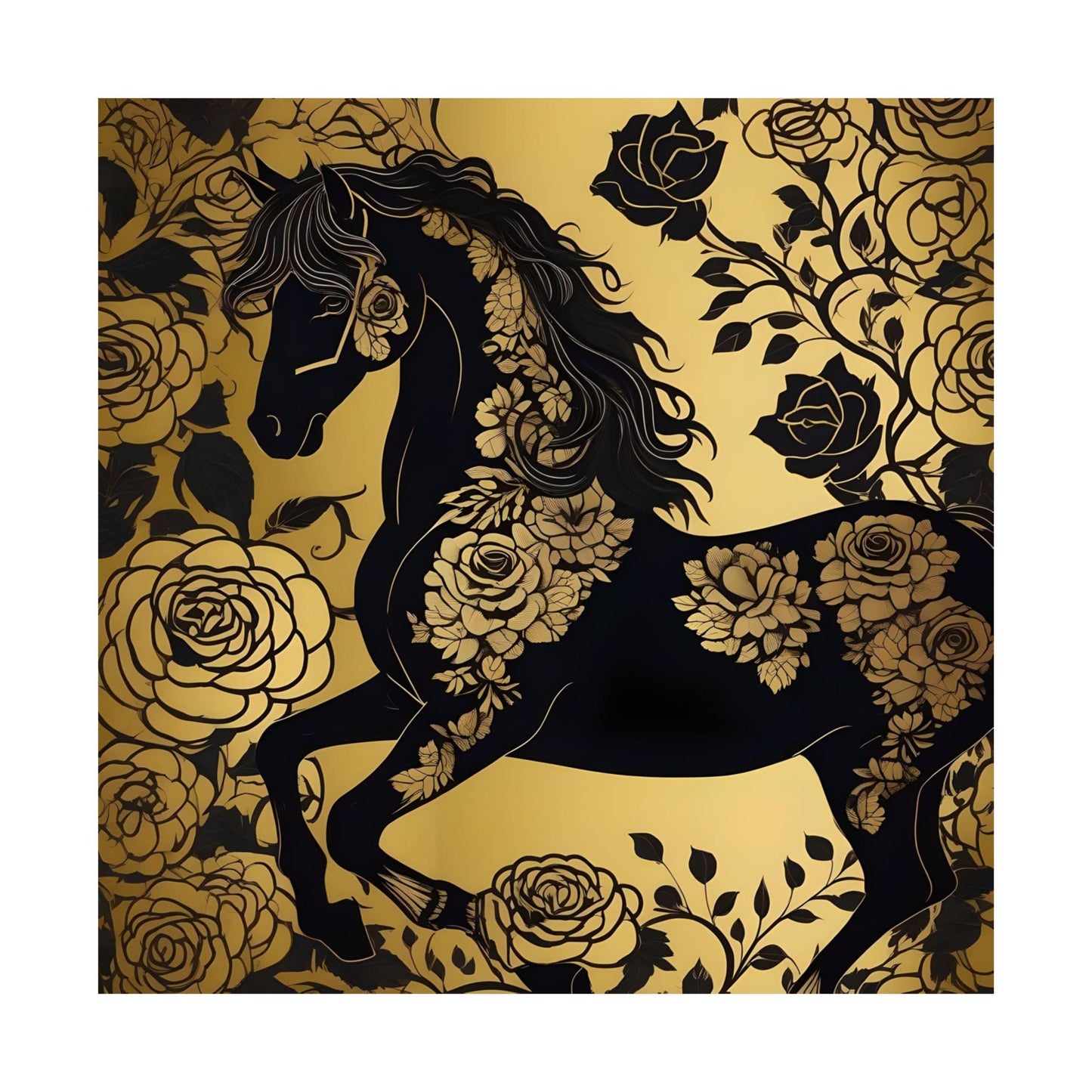 Floral Art Poster - Elegant Matte Vertical Wall Decor - Black & Gold Horse With Roses