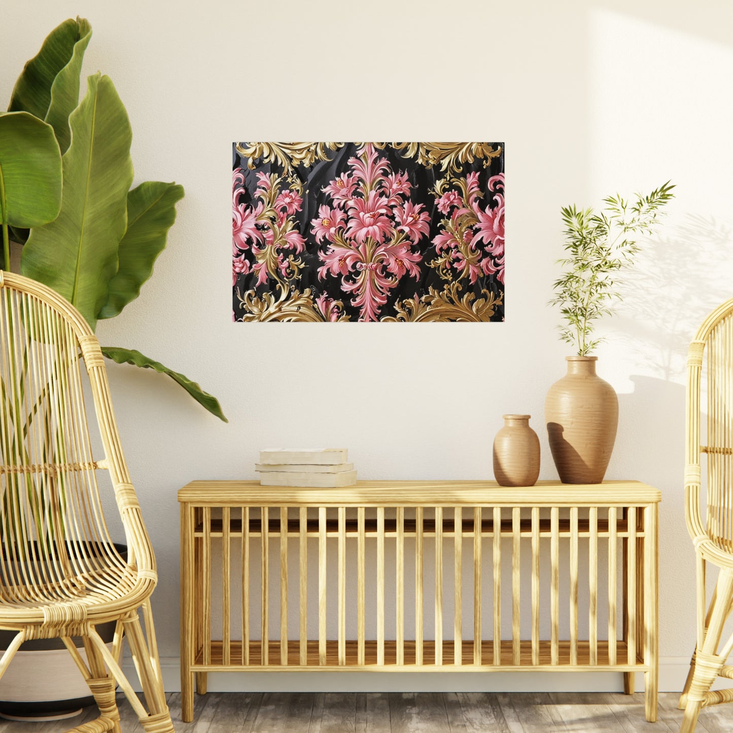 Elegant Floral Foam Board | Decorative Wall Art, Home Decor, Wedding Decor, Party Backdrop - Black & Pink Oil Painting Style Rococo