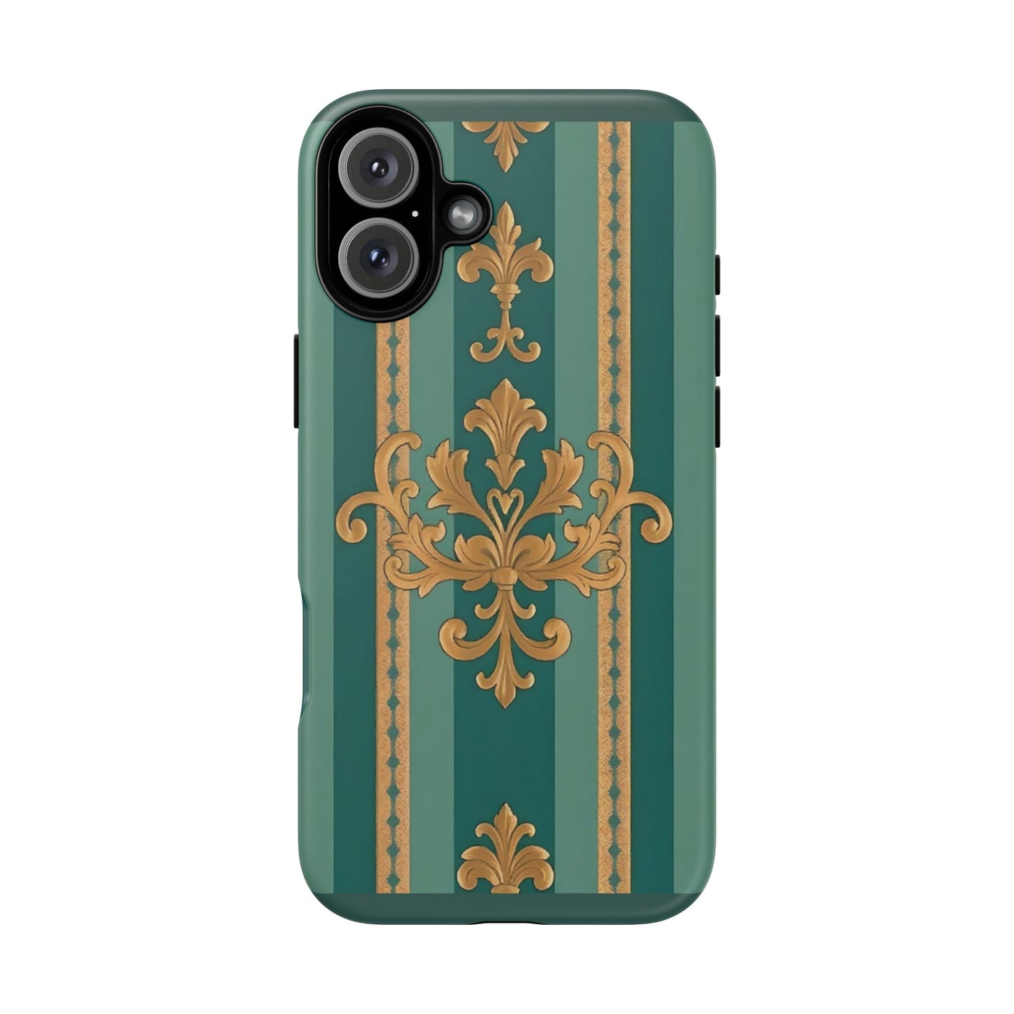 Elegant Floral Motif Phone Case - Tough Cases with Vintage Design - Teal Striped Gold Damask