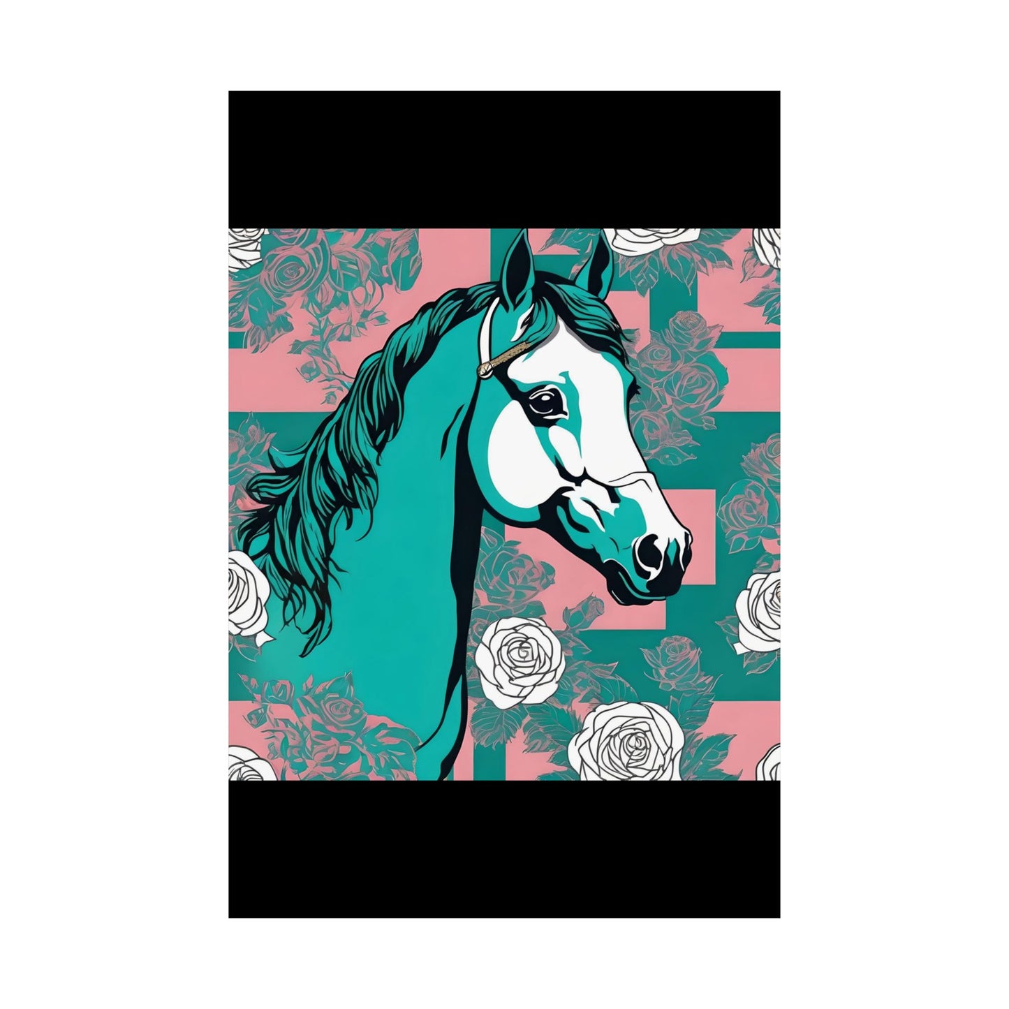 Floral Motif Art Poster - Elegant Matte Vertical Wall Decor - Teal & White Horse