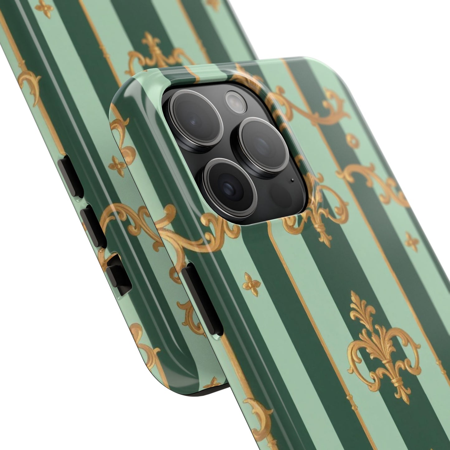 Elegant Floral Tough Phone Cases | Stylish Phone Protection, Gift for Her, Trendy Accessory, Unique Decor - Mint Green & Teal Striped Gold Baroque