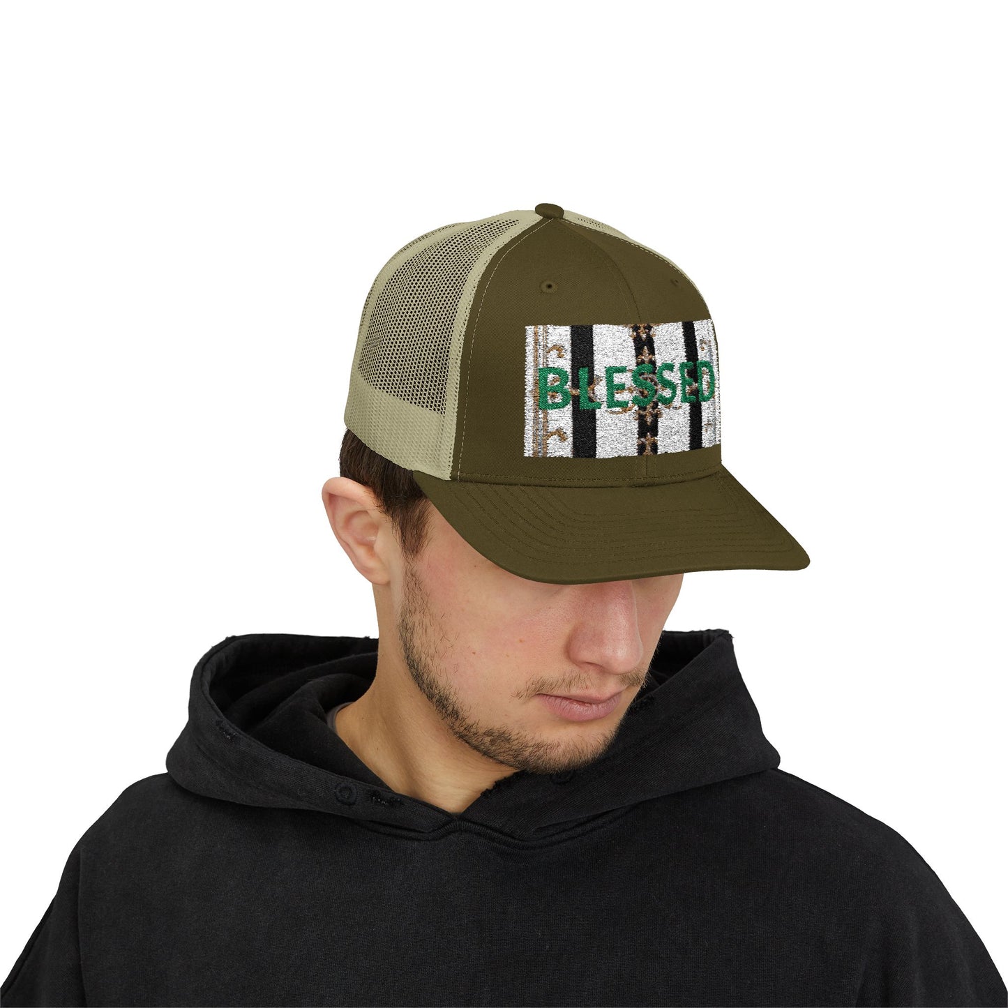Blessed Snapback Trucker Cap | Casual Style, Outdoor Gear, Faith-Based Gift, Adjustable Hat, Everyday Fashion - Black & White Striped Gold Baroque