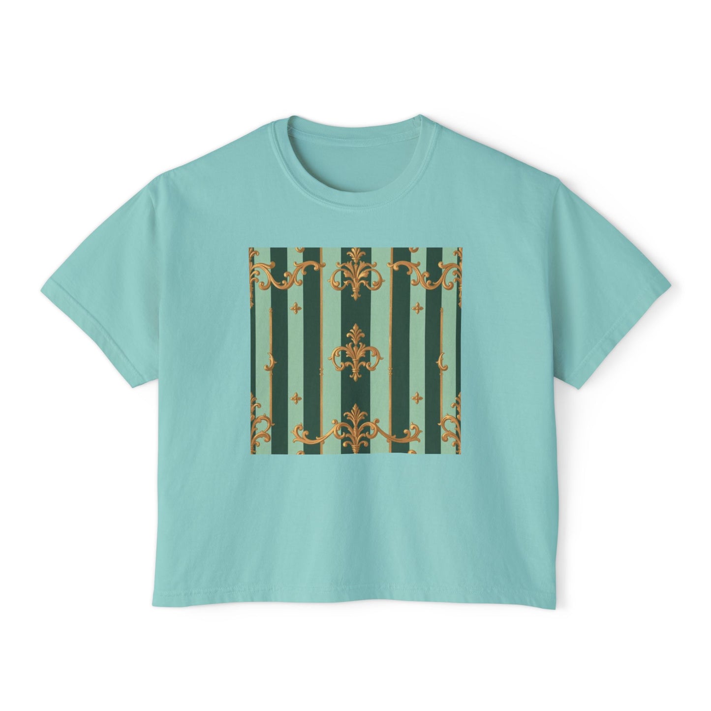 Chic Women's Boxy Tee, Vintage Inspired Tops, Casual Everyday Wear, Fashion for Her, Stylish Graphic Tee - Mint Green & Teal Striped Gold Baroque