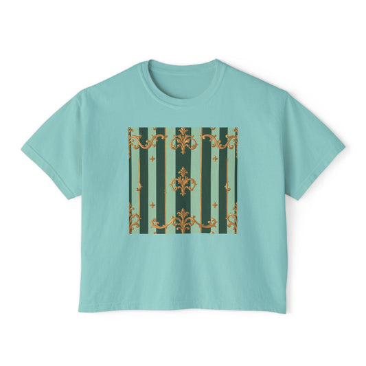 Chic Women's Boxy Tee, Vintage Inspired Tops, Casual Everyday Wear, Fashion for Her, Stylish Graphic Tee - Mint Green & Teal Striped Gold Baroque