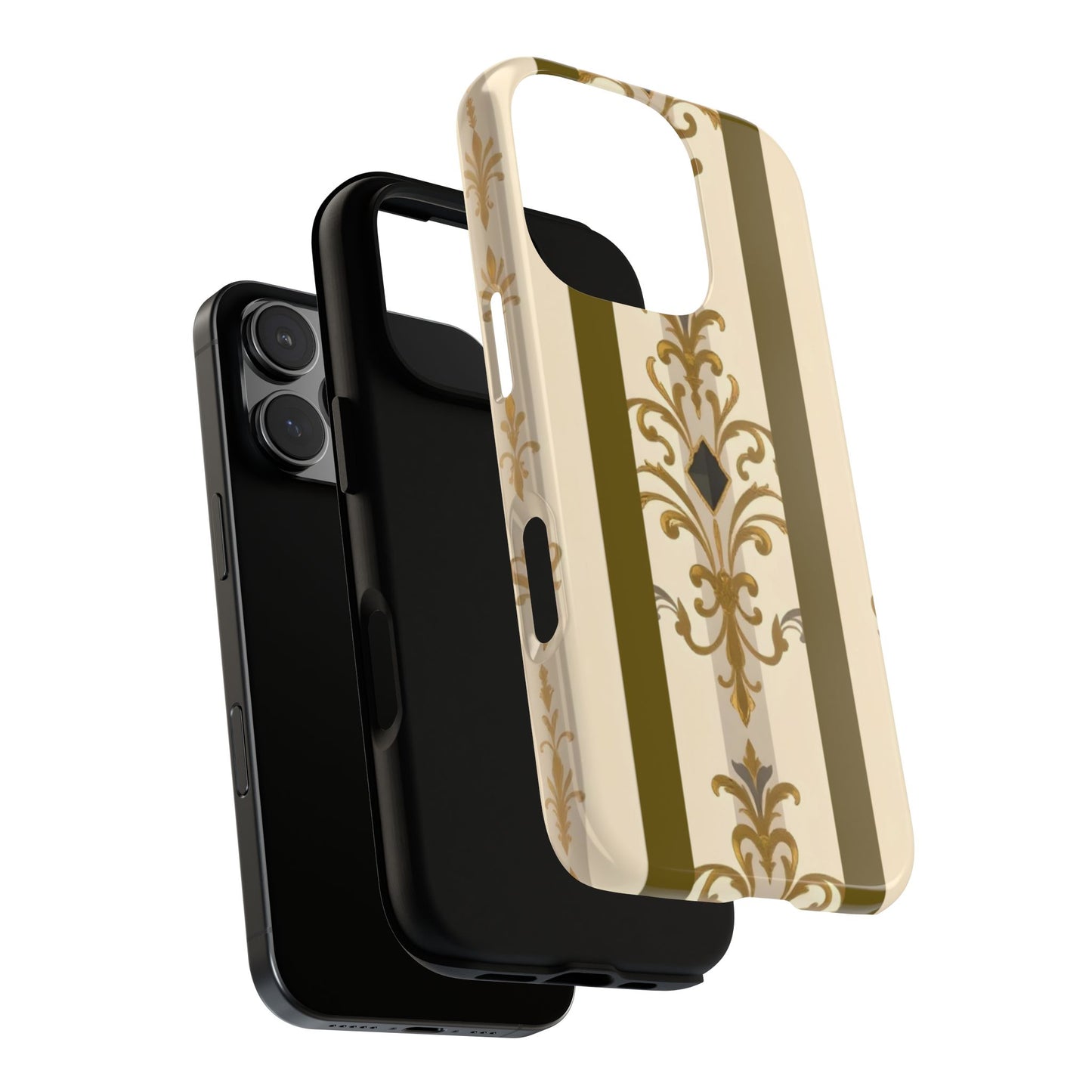 Elegant Floral Motif Phone Case - Tough Cases with Vintage Design - Olive Striped Gold Damask